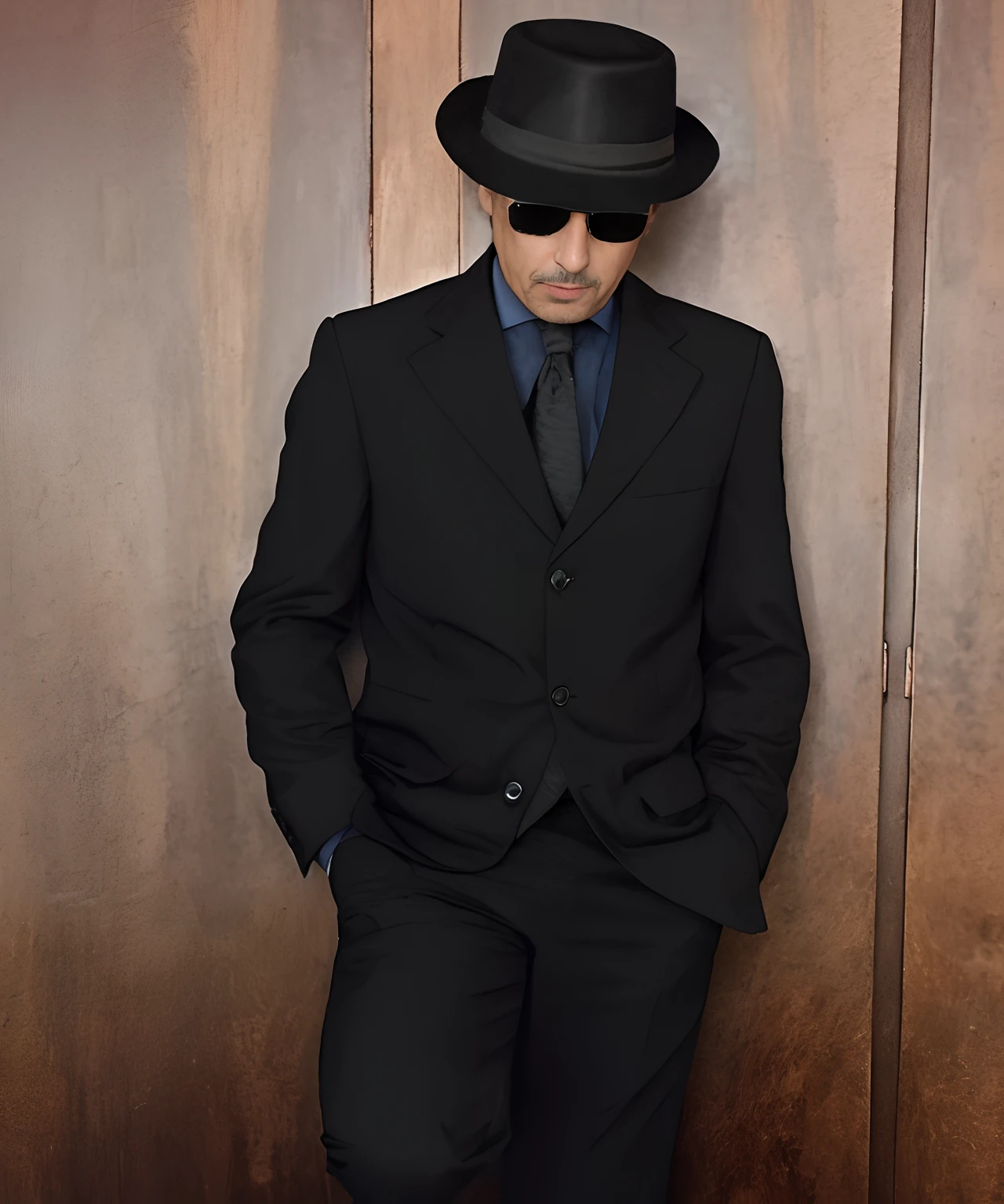 Man in suit and hat leaning against a wooden wall, in suit with black glasses, Jean Deville, Foto de um ensaio promocional, jeff goldblum, a suited man in a hat, "Retrato de Leonard Cohen, homem no terno preto, Leonardo Cohen, Homem de preto, em um terno preto, em seu terno, Foto promocional, Al Pacino