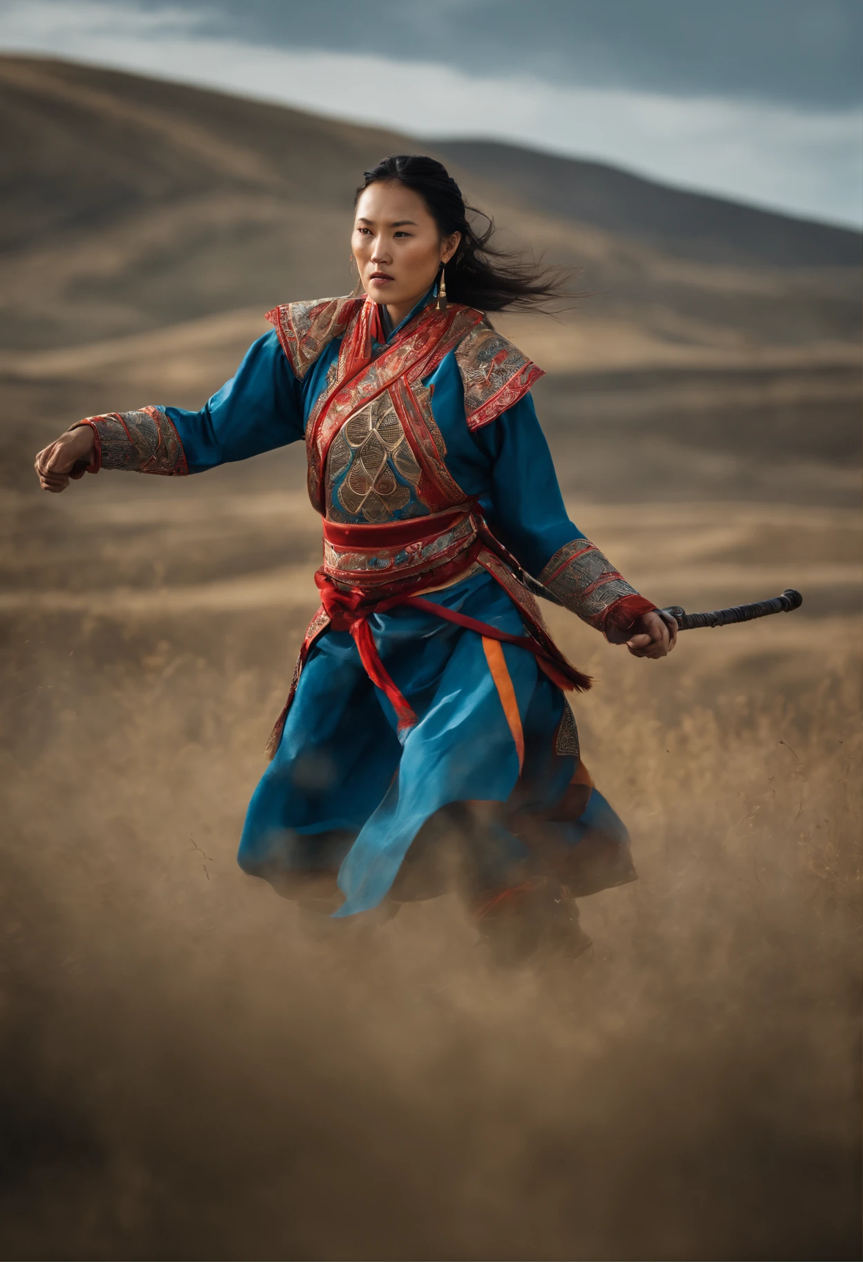 Hyper-realistic photograph of a Mongol girl engaged in a fierce battle with men, showcasing her strength and determination. She wears traditional Mongolian dress, adorned with intricate patterns and vibrant colors. The intense fight takes place in a vast, open grassland, with the rolling hills and clear blue sky in the background. Capture the dynamic movement of the combatants, emphasizing the girl's agility and skill. Utilize dramatic lighting to enhance the dramatic atmosphere. Shot with a high-end camera, such as the Canon 5D Mark IV, to ensure exquisite detail and clarity. --ar 3:2 --v 5 --q 2