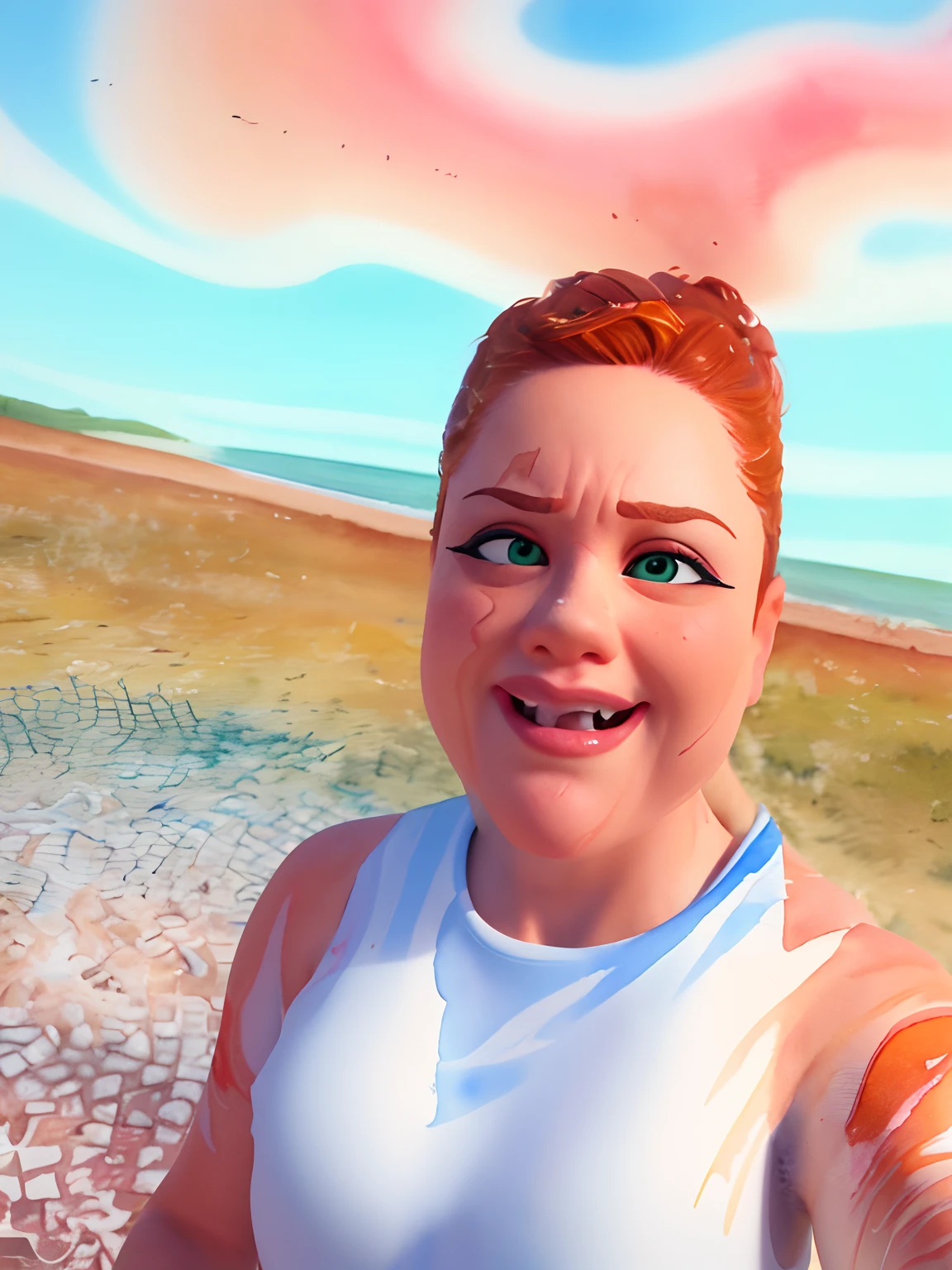 Masterpiece, (watercolor:1.3), (short stack:1.1), forward facing, eyes on camera, serious expression, (action shot:1.4) , (upper body strength:1.3), contrapposto (tattoo:1), softball pitcher, auburn hair, green eyes, (string bikini:1), pitching a softball at viewer, (focus on softball in foreground:1.4), sunny, natural lighting, High definition, excellent resolution, excellent quality, insane detail, semi realistic, postprocessed, crisp face, facial features, extremely detailed, facial features