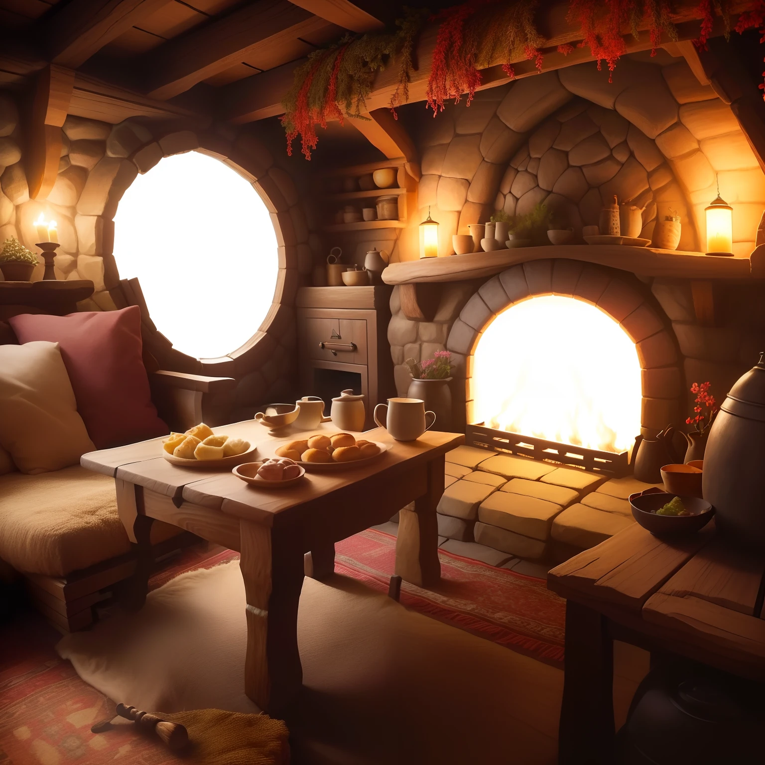 there is a living room with a fireplace and a table with a plate of food, interior of a hobbit hole, in his hobbit home, cozy home background, cozy place, cosy enchanted scene, cozy wallpaper, inside a medieval hobbit home, cozy environment, cozy living room background, a multidimensional cozy tavern, cozy room, cozy atmosphere, cozy and peaceful atmosphere