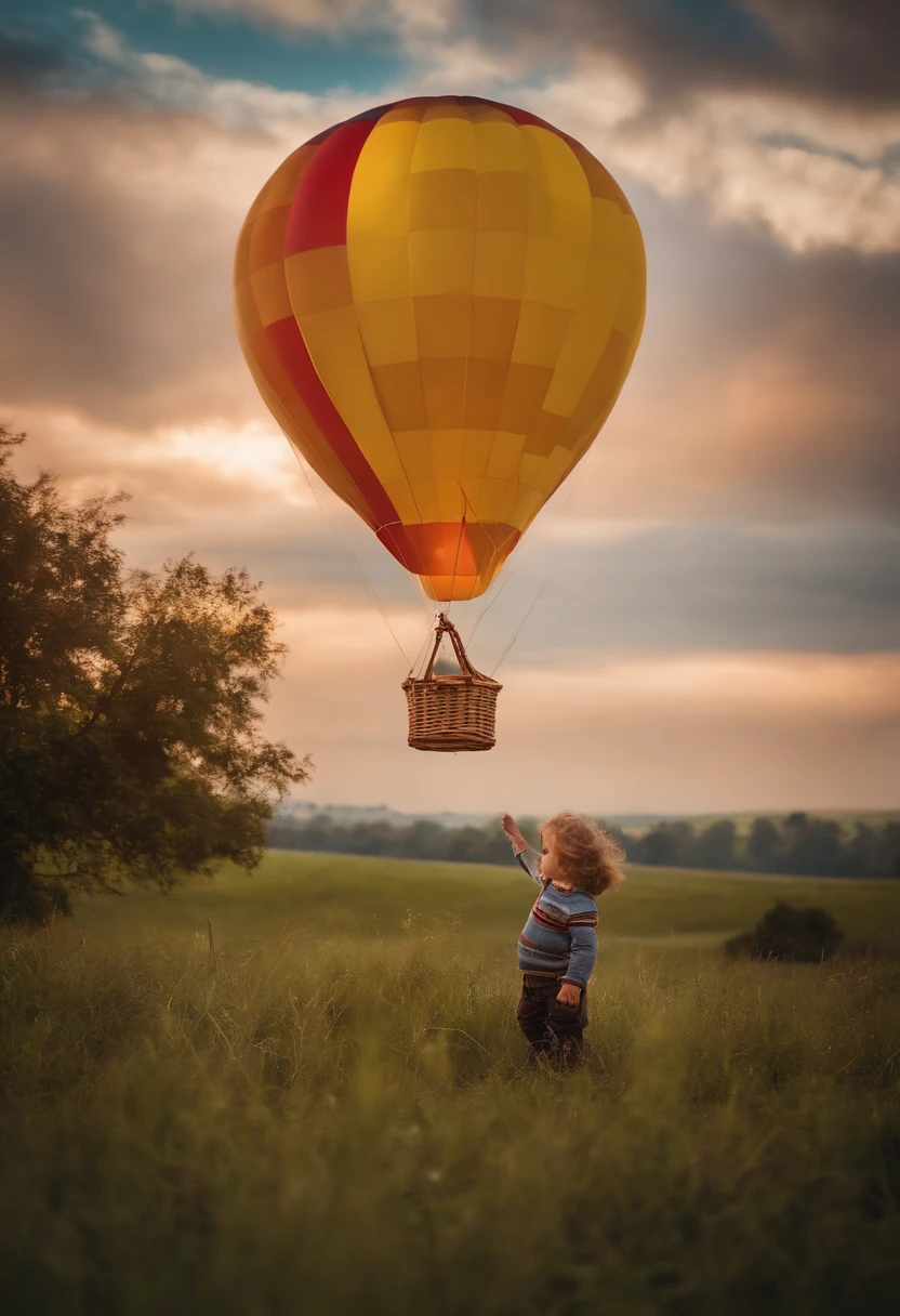 Little child with balloon on the hot air balloon
