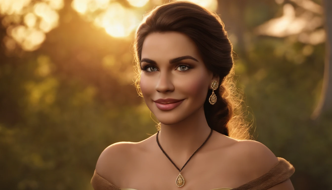 create an image inspired by the Disney 3D Pixar movies of a woman who is about 20 years old The woman has the following characteristics:
pele morena escura, bochechas meio rechonchudas, cabelos lisos e escuros, rosto cheio e com formato hexagonal, nariz negroide, olhos pequenos castanhos escuros, Is smiling with teeth showing? , He has a rosary in his hand. sua testa tem cabelos no formato v(widow's beak)Her hair there's a simple tiara holding her hair back, The hair is slicked back too, Is wearing small round earrings, Her blouse is black.