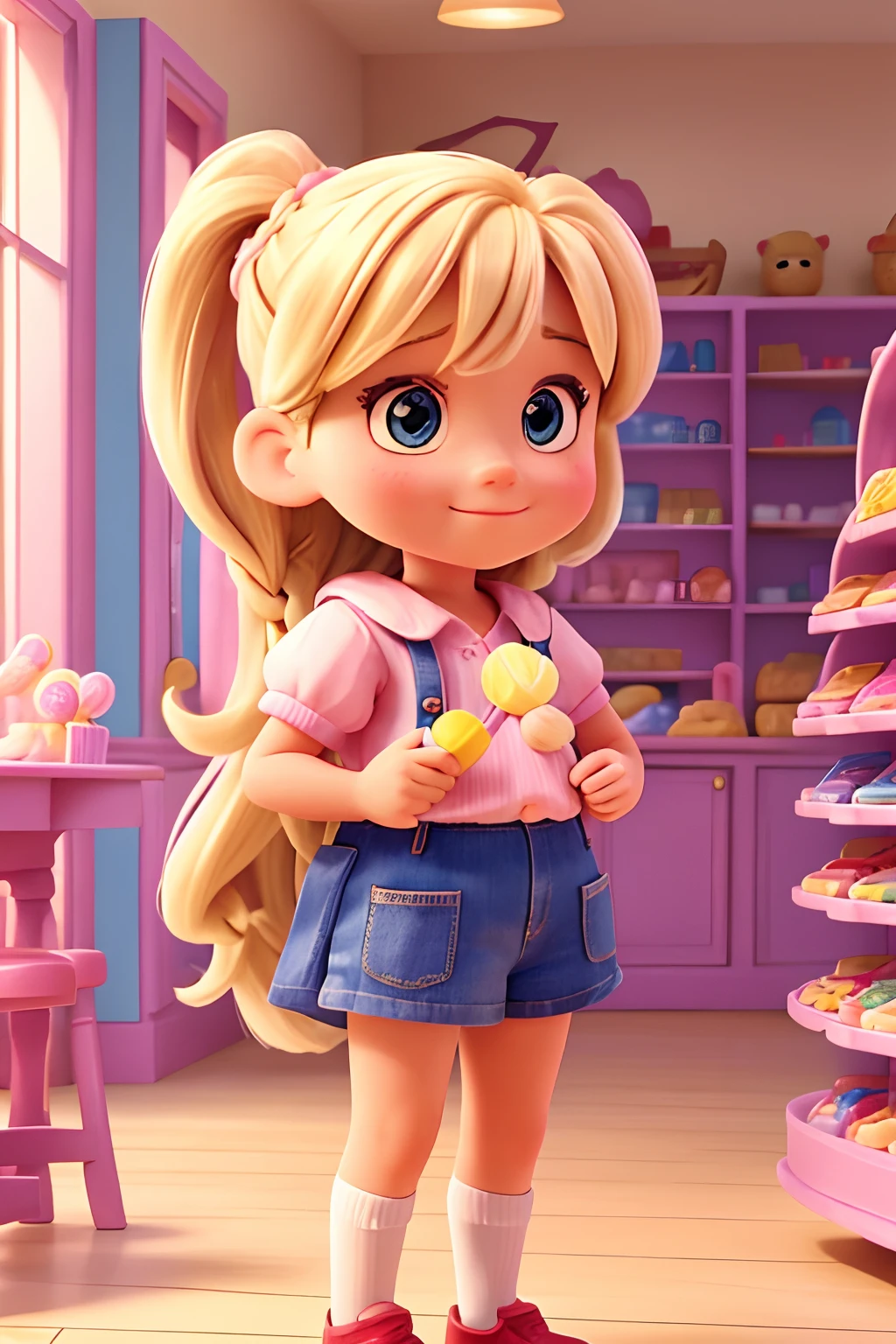 A blonde female  with hair tied inside a disney candy store