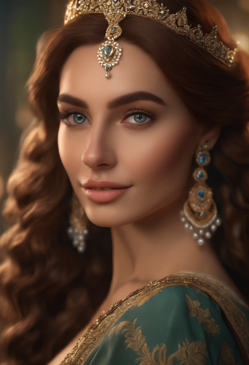 (best quality,4k,8k,highres,masterpiece:1.2),ultra-detailed,(realistic,photorealistic,photo-realistic:1.37),close-up of a beautiful female face,beautiful detailed eyes, intricate details, cleavage, soft lips, smiling, mischievous, seductive gaze, freckles, crown, jewelry, portraits,vivid colors,studio lighting