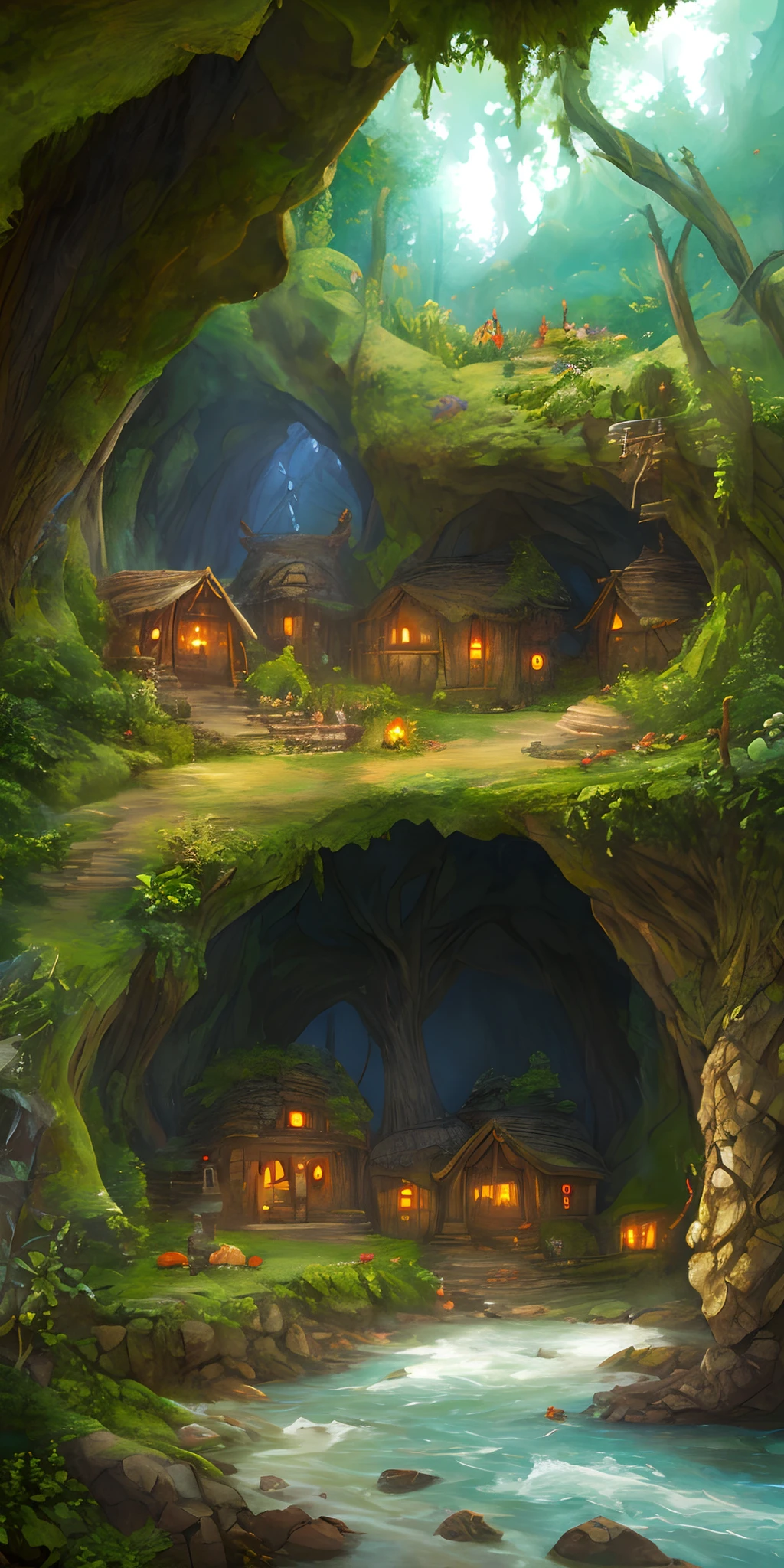 Goblin tribal hideout cave river, fantasy art
