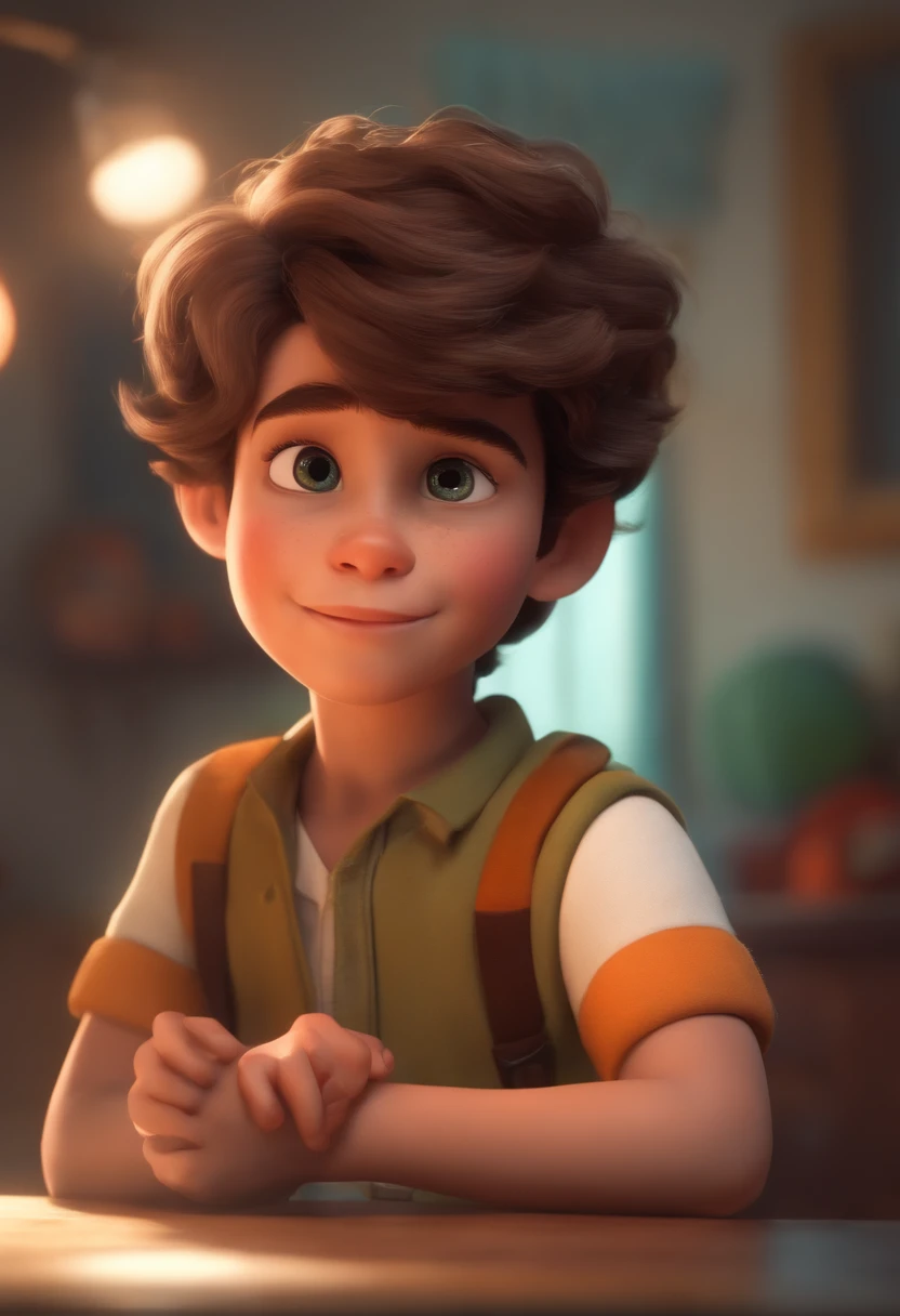 Image of a boy for a story in a YouTube video in Pixar format, He's the  allabester, He's the class leader, He's outgoing, Playful and gets up for a lot of things, cabelo curto