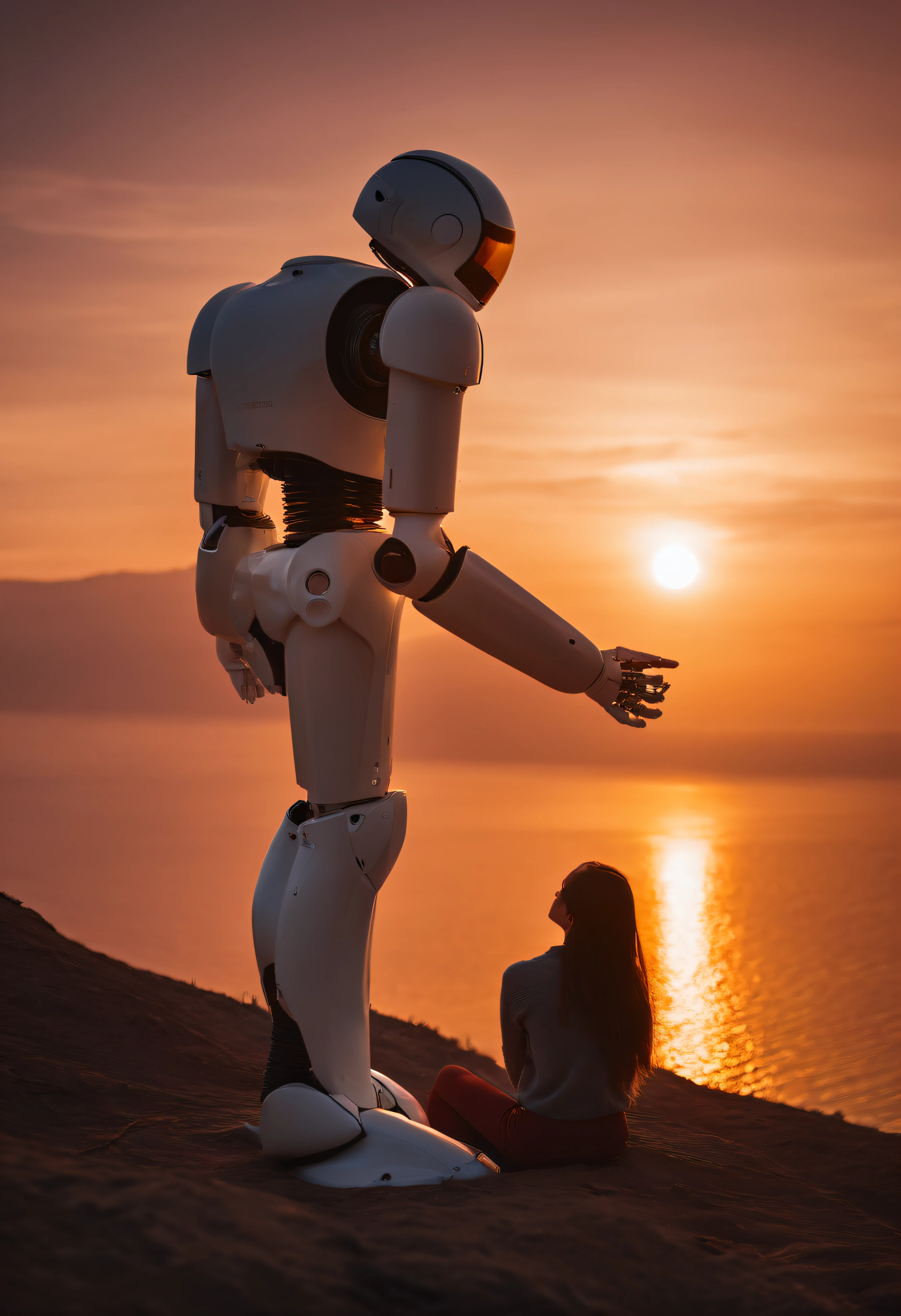 15 year old human girl sitting on her back watching a beautiful sunset and sitting next to her an android robot watching the sunset