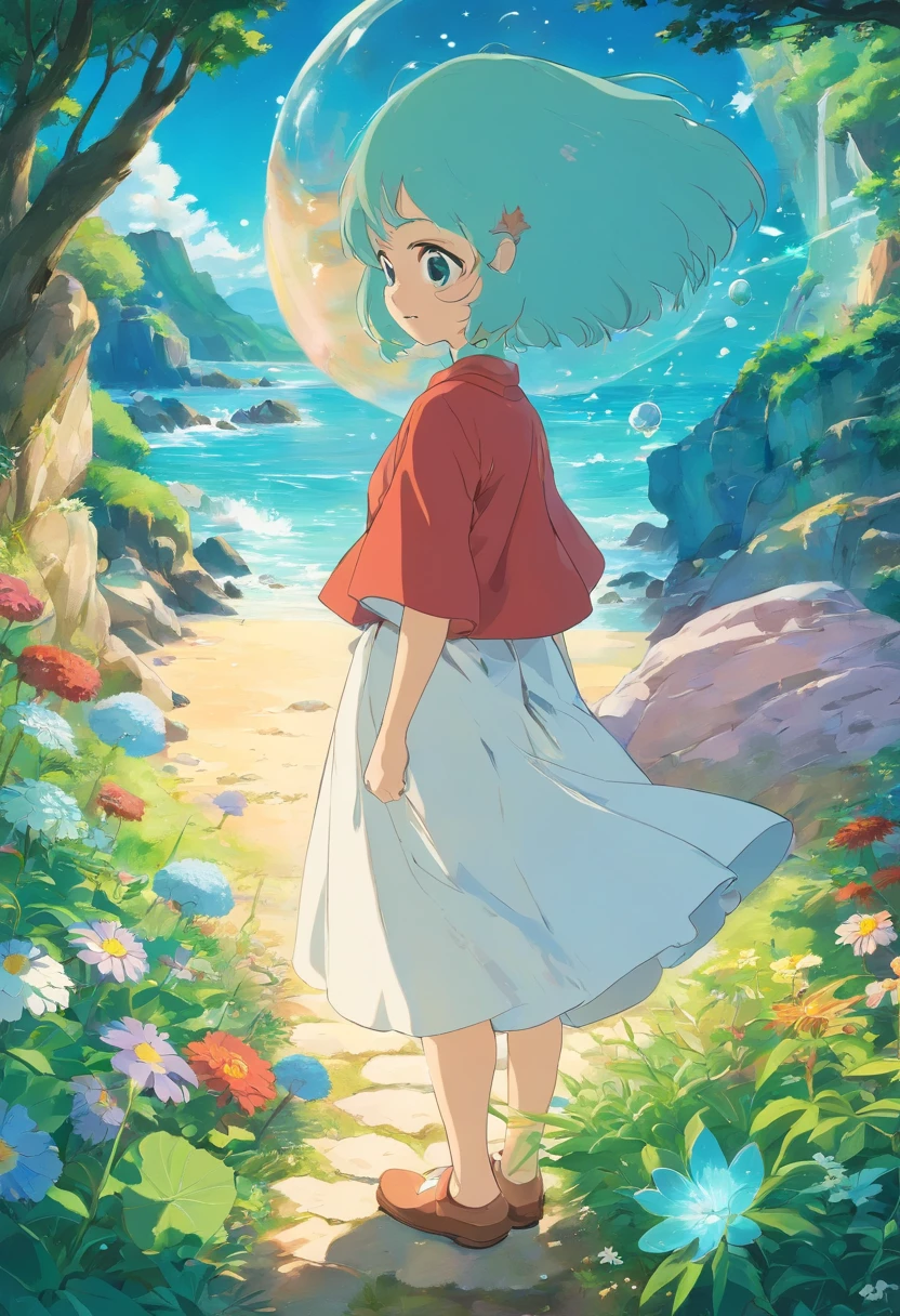 uma menina de cabelos cacheados usando um colar de anime, um colar longo de cristal e brincos, no estilo de paisagens de jardim tranquilas, animated color photos, Masami Teraoka, aquamarine, Paulo Gauguin, Estilo Embry, retrato honesto