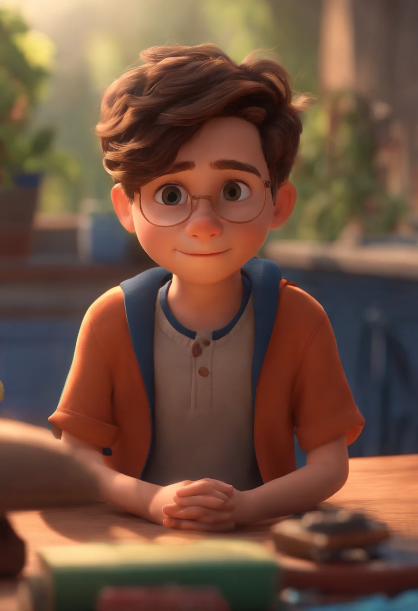 Image of a boy for a story in a YouTube video in Pixar format, He's the little allabester, He's the class leader, He's outgoing, Playful and gets up for a lot of things, cabelo curto