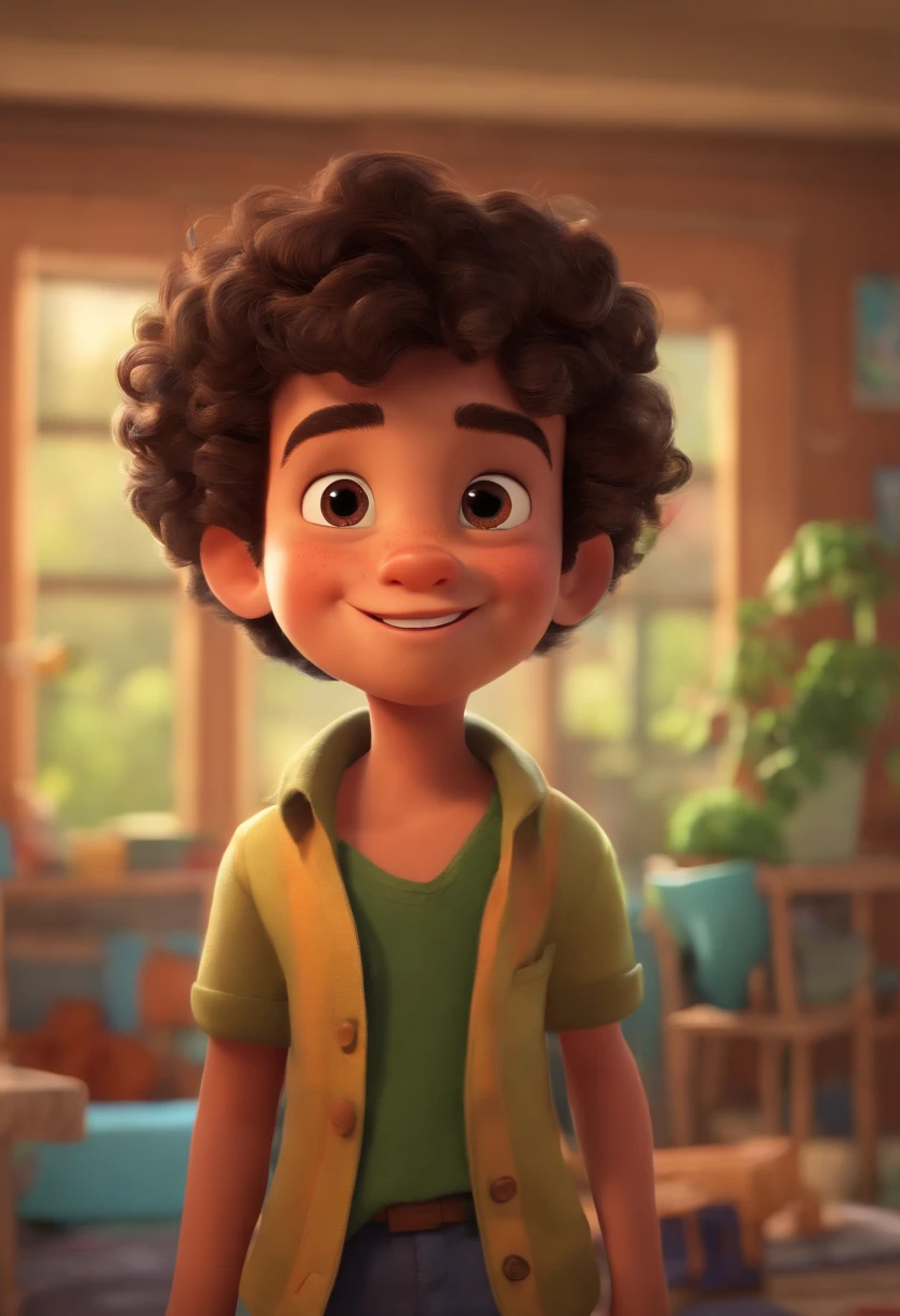 Image of a boy for a story in a YouTube video in Pixar format, He's the little allabester, He's the class leader, He's outgoing, Playful and gets up for a lot of things, cabelo curto