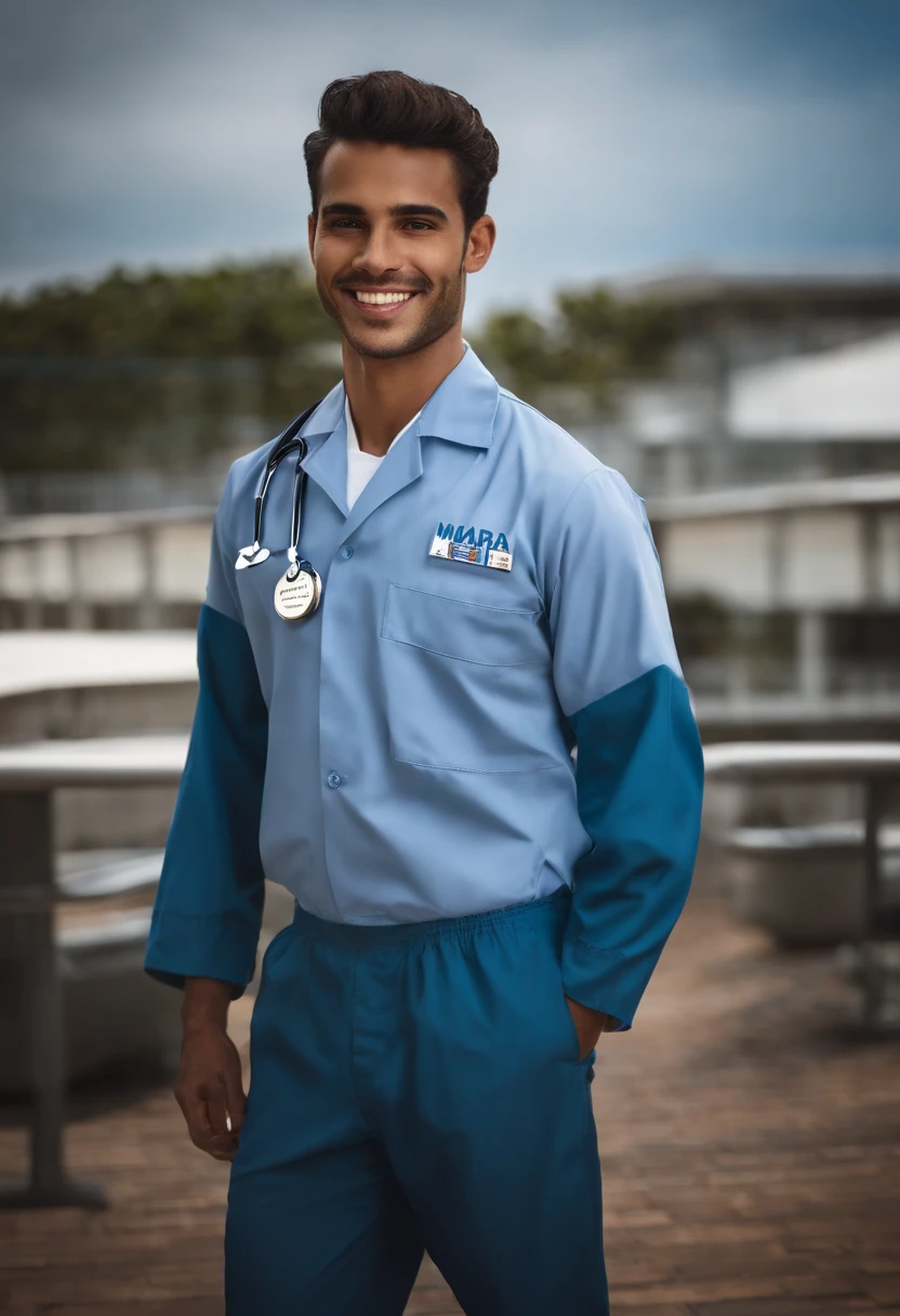 Young Brazilian male adult. He must be wearing a healthcare uniform with a badge displaying the name 'MARIA.' He has captivating smile. Make sure it is in a hospital setting where the name 'HAPVIDA' is incorporated in a subtle way, using the colors orange and blue.