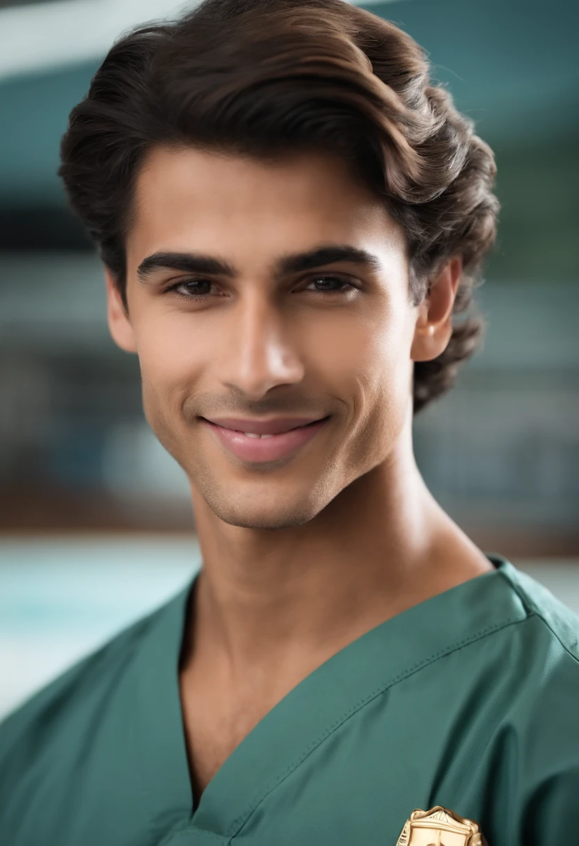 Young Brazilian male adult. He must be wearing a healthcare uniform with a badge displaying the name 'MARIA.' He has captivating smile. Make sure it is in a hospital setting where the name 'HAPVIDA' is incorporated in a subtle way, using the colors orange and blue.