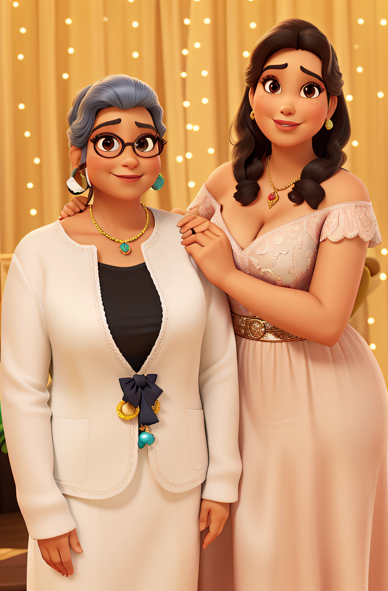 Uma Senhara Morena de 68 anos, e sua filha loira de 35 anos,estilo disney pixar, alta qualidade, melhor qualidade