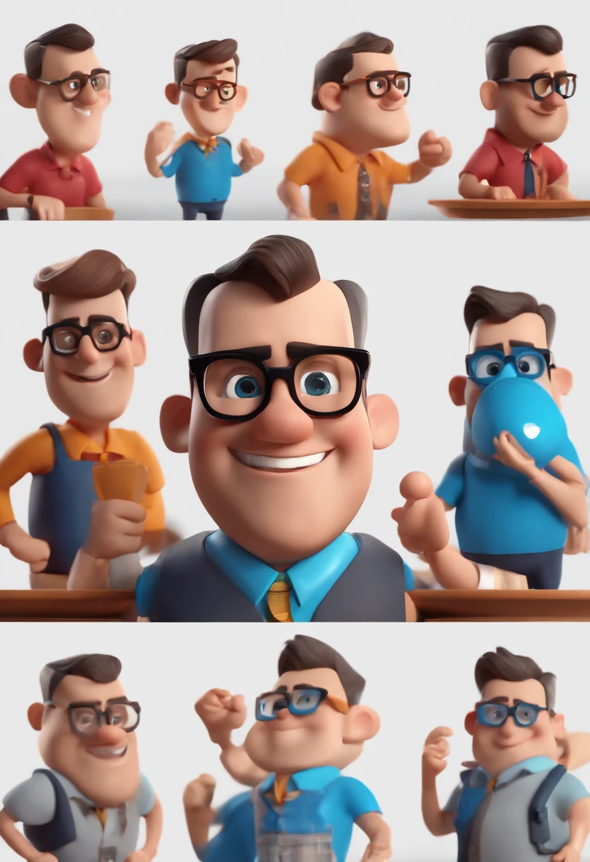 Cartoon character of a man with black glasses and a blue shirt, animation character, Caractere estilizado, animation style rendering, 3D estilizado, Arnold Maya render, 3 d render stylized, toon render keyshot, Personagem 3D, Personagem 3D, 3d rendering stylized, 3 d character render, personagem de desenho animado, Personagem de close up, Pose de personagem,  (Estilo Pixar) (master part:1.2) (Bokeh) (best quality) (pele detalhada) (textura detalhada) (8k) (argila) (Cinematic lighting) (foco nítido