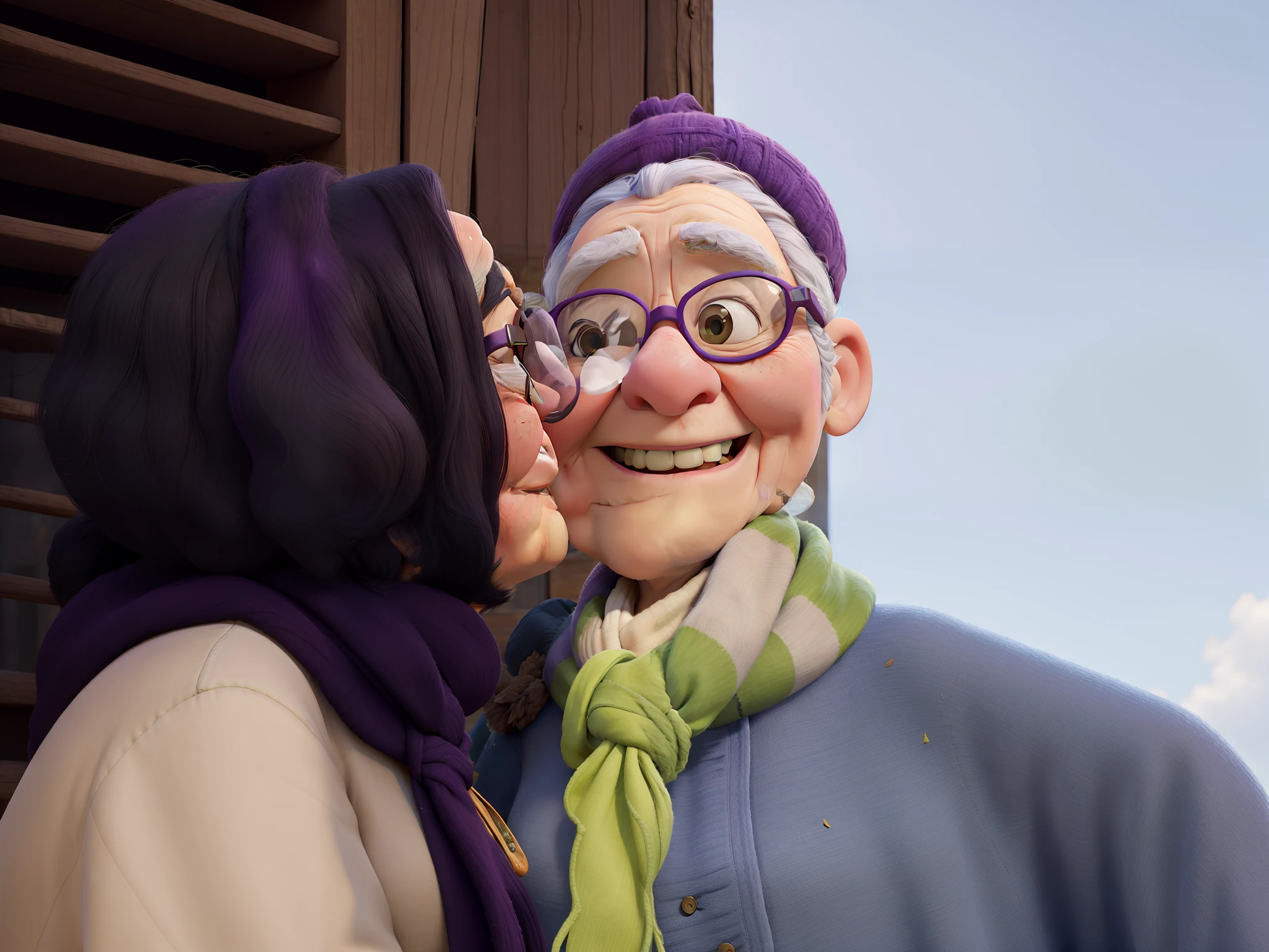 masterpiece, best quality, an old woman with glasses and a scarf on, wearing a purple coat and green scarf, standing at the park