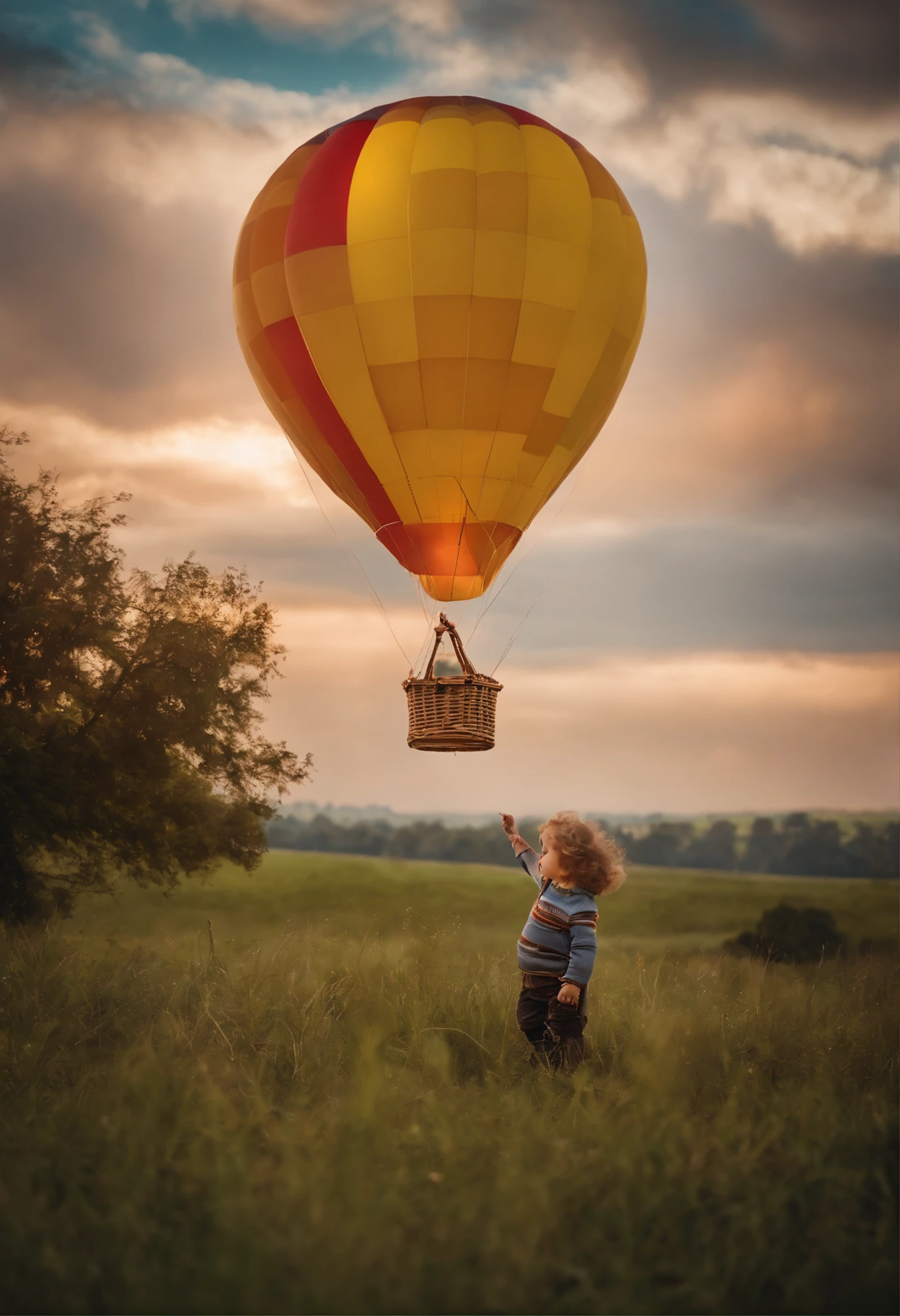 Little child with balloon on the hot air balloon