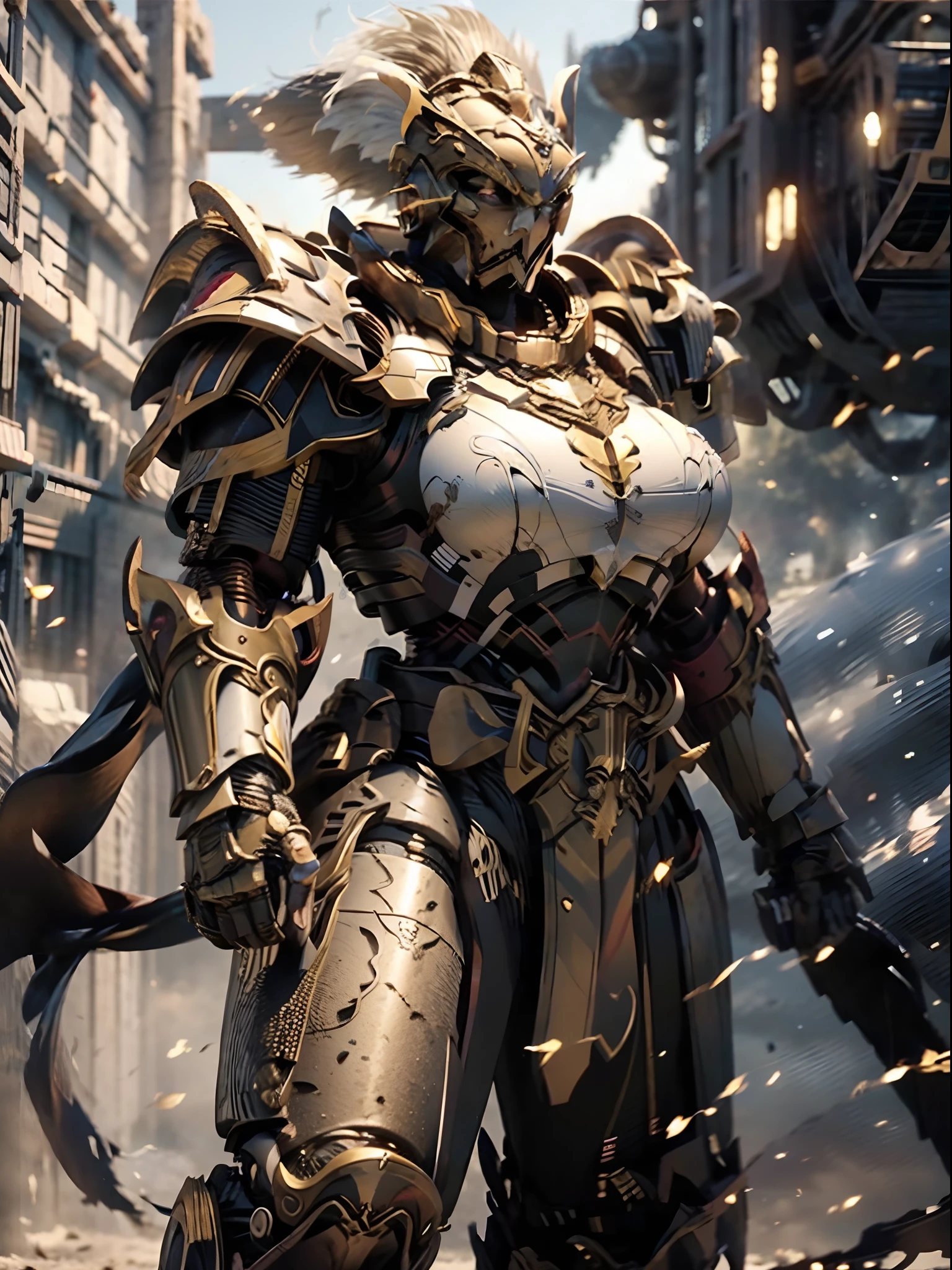 a beautiful golden-greek-armored warrioress, spartan helmet, muscular, huge and heavy breasts, looking at viewer, masterpiece, best quality, 8k, blurred background, medieval fantasy castle in the background