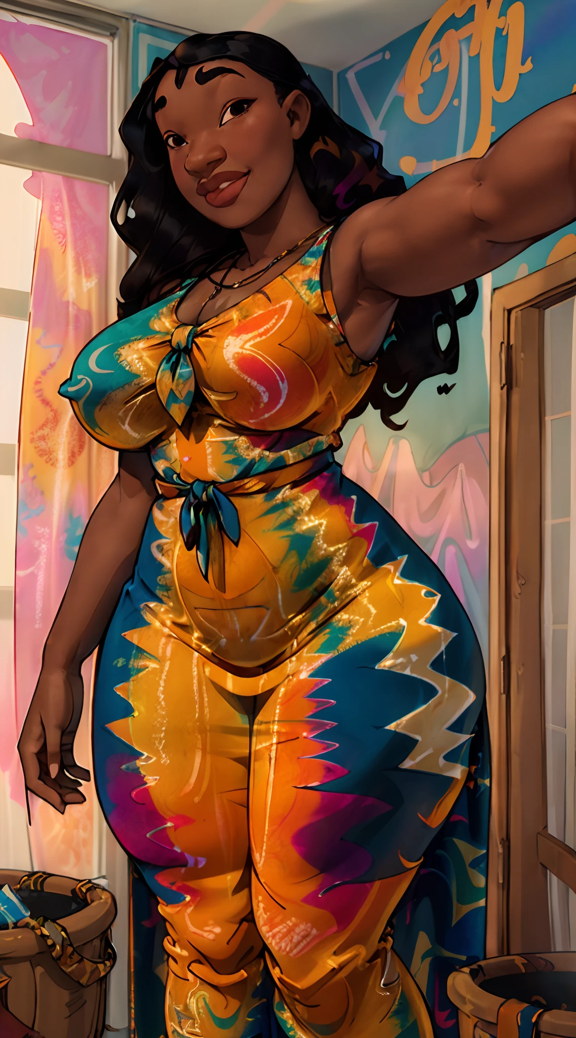 araffe 1girl (naniwaifu:1), (16yearsold), ************, young divine feminine girly, angelically face, brow skin, black skin, brown sugar skin, detailed realistic skin, cute , gorgeous, naughty, large huge shaped worked buttocks, taking a selfie in a bathroom mirror,(( tie_dye print tight dress)), tight attire, ((skintight mini dress)), skinny waist and thick hips, big sexy booty, sexy dress, short Lycra minidress, slluty girl , doujin ************, thicc, voluptuous photo of slim girl, huge saggy breasts , devil smile, in tie_dye print tight short dress, hyper intricate detailed,