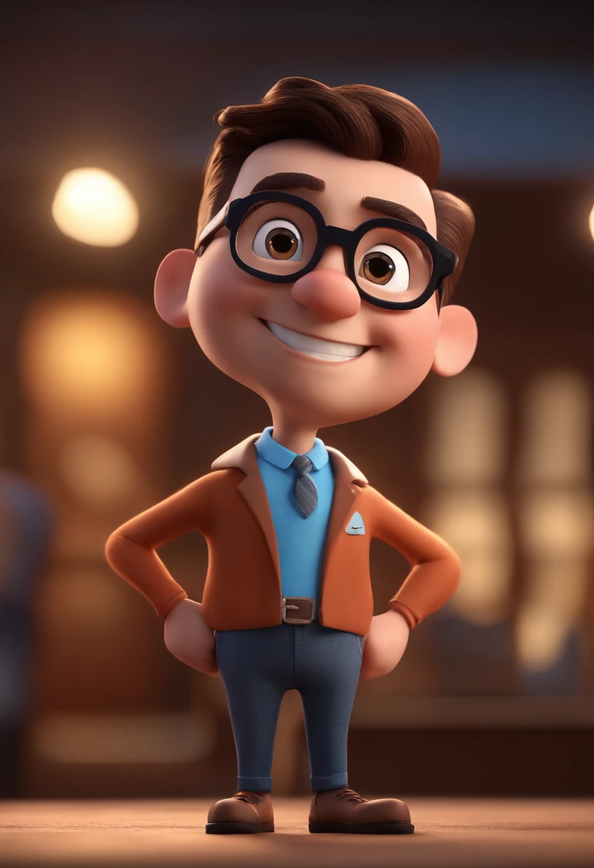 Cartoon character of a man with black glasses and a blue shirt, animation character, Caractere estilizado, animation style rendering, 3D estilizado, Arnold Maya render, 3 d render stylized, toon render keyshot, Personagem 3D, Personagem 3D, 3d rendering stylized, 3 d character render, personagem de desenho animado, Personagem de close up, Pose de personagem, (Estilo Pixar) (master part:1.2) (Bokeh) (best quality) (pele detalhada) (textura detalhada) (8k) (argila) (Cinematic lighting) (foco nítido