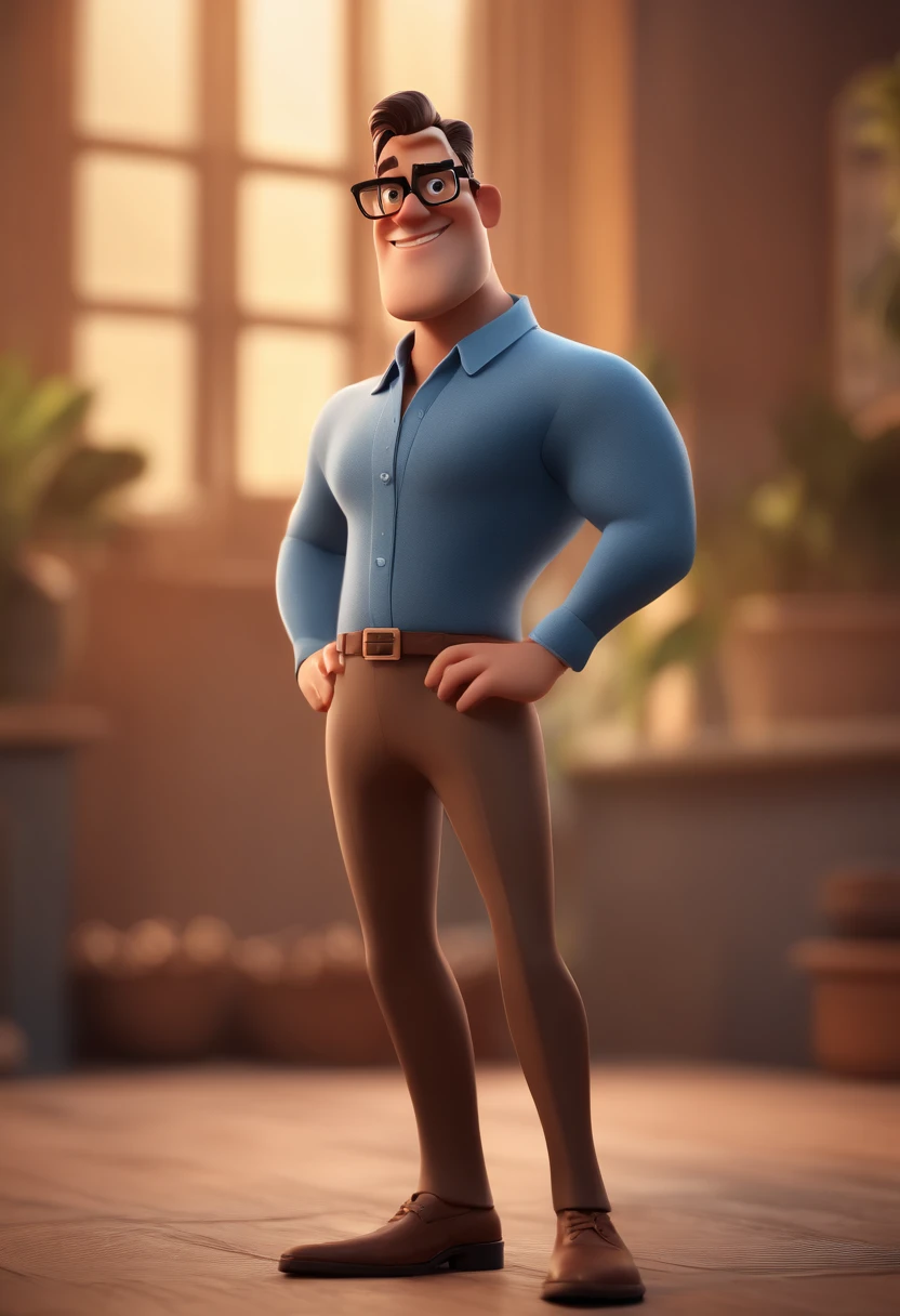Cartoon character of a man with black glasses and a blue shirt, animation character, Caractere estilizado, animation style rendering, 3D estilizado, Arnold Maya render, 3 d render stylized, toon render keyshot, Personagem 3D, Personagem 3D, 3d rendering stylized, 3 d character render, personagem de desenho animado, Personagem de close up, Pose de personagem, (Estilo Pixar) (master part:1.2) (Bokeh) (best quality) (pele detalhada) (textura detalhada) (8k) (argila) (Cinematic lighting) (foco nítido