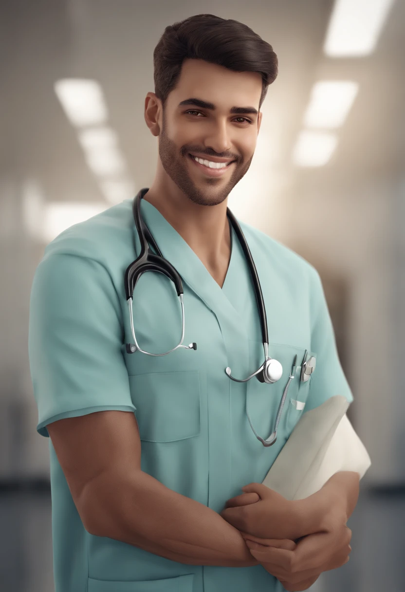 3d animation style, Young Brazilian male adult. He must be wearing a healthcare uniform with a badge displaying the name 'MARIA.' He has captivating smile. Make sure it is in a hospital setting where the name 'HAPVIDA' is incorporated in a subtle way, using the colors orange and blue.