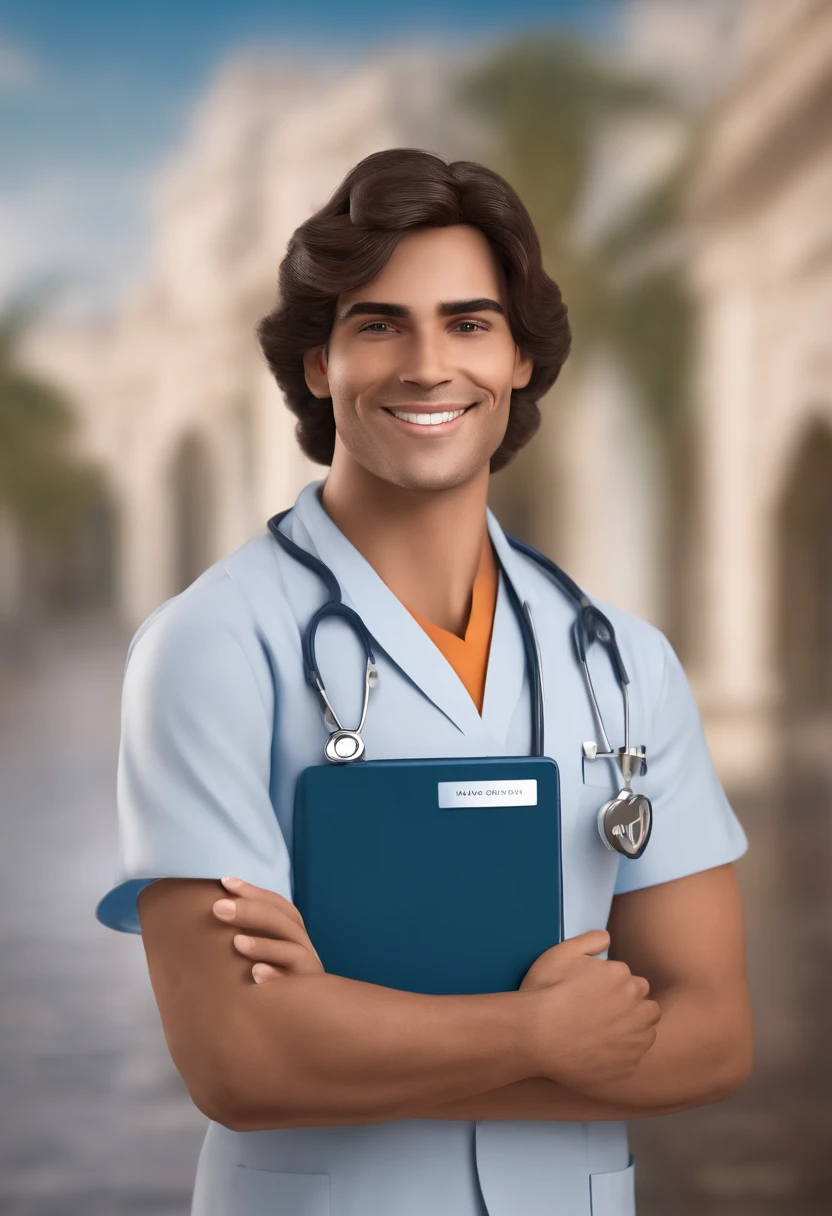 3d animation style, Young Brazilian male adult. He must be wearing a healthcare uniform with a badge displaying the name 'MARIA.' He has captivating smile. Make sure it is in a hospital setting where the name 'HAPVIDA' is incorporated in a subtle way, using the colors orange and blue.