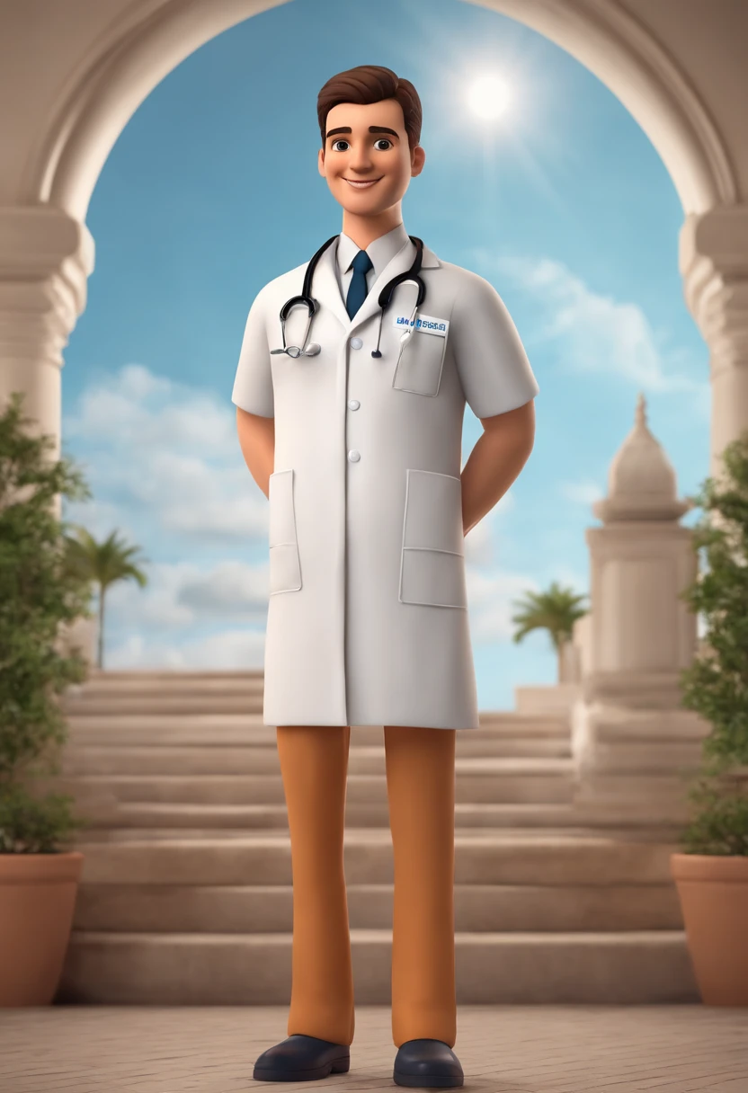 3d animation style, Young Brazilian male adult. He must be wearing a healthcare uniform with a badge displaying the name 'MARIA.' He has captivating smile. Make sure it is in a hospital setting where the name 'HAPVIDA' is incorporated in a subtle way, using the colors orange and blue.
