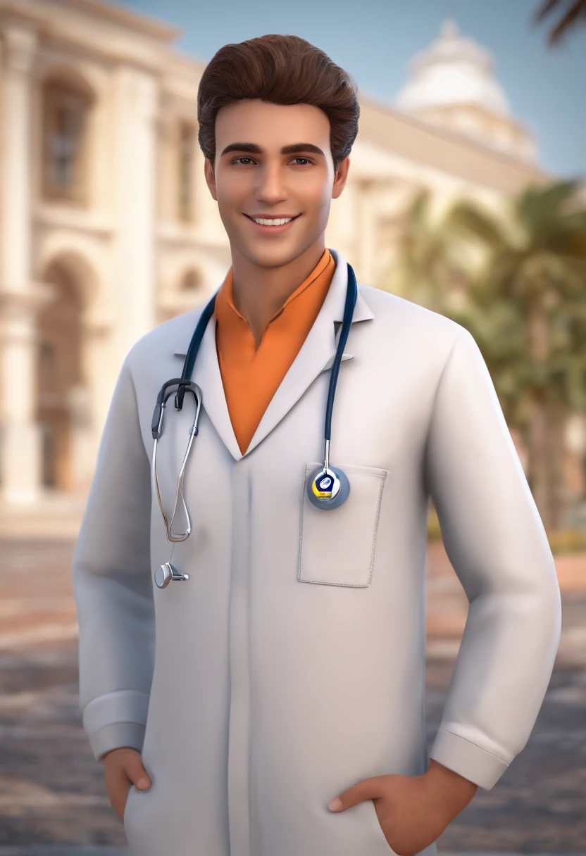 3d animation style, Young Brazilian male adult. He must be wearing a healthcare uniform with a badge displaying the name 'MARIA.' He has captivating smile. Make sure it is in a hospital setting where the name 'HAPVIDA' is incorporated in a subtle way, using the colors orange and blue.