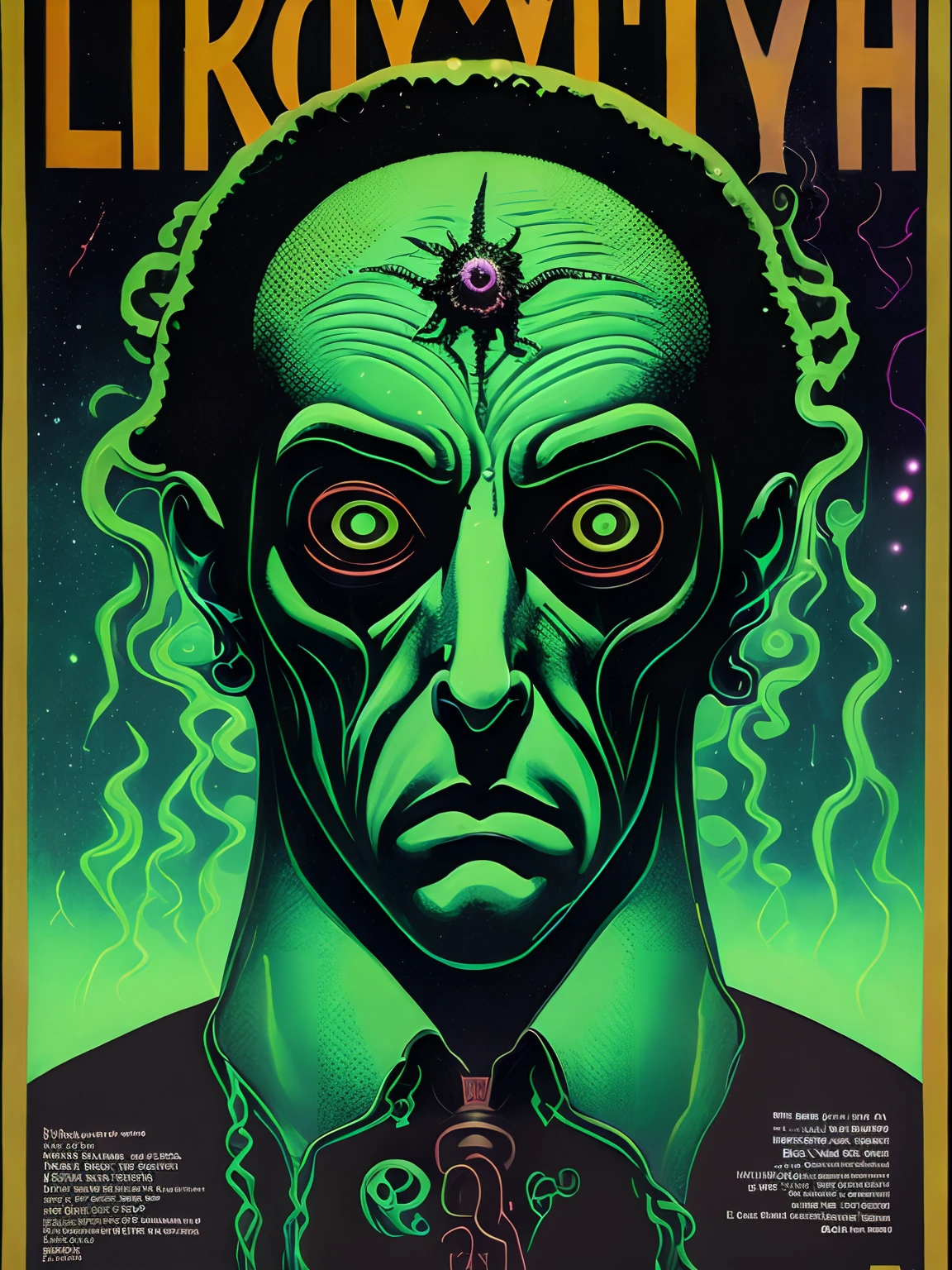 magazine cover POSTER ART, Explore the Lovecraftian horror genre with an illustration of Body that conveys the otherworldly and cosmic dread often associated with the works of H.P. Lovecraft. text, logos, modern art, pop art, creates an atmosphere of fear and unease