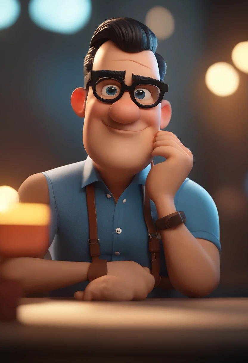 Cartoon character of a man wearing black glasses and a blue shirt, um personagem animado, Caractere estilizado, animation style rendering, 3D estilizado, Arnold Maya render, 3 d render stylized, toon render keyshot, Personagem 3D, Personagem 3D, 3d rendering stylized, 3 d character render, personagem de desenho animado, Personagem de close up, Pose de personagem, (Estilo Pixar) (master part:1.2) (Bokeh) (best quality) (pele detalhada) (textura detalhada) (8k) (argila) (Cinematic lighting) (foco nítido,Senta e vaza a parte superior do corpo
