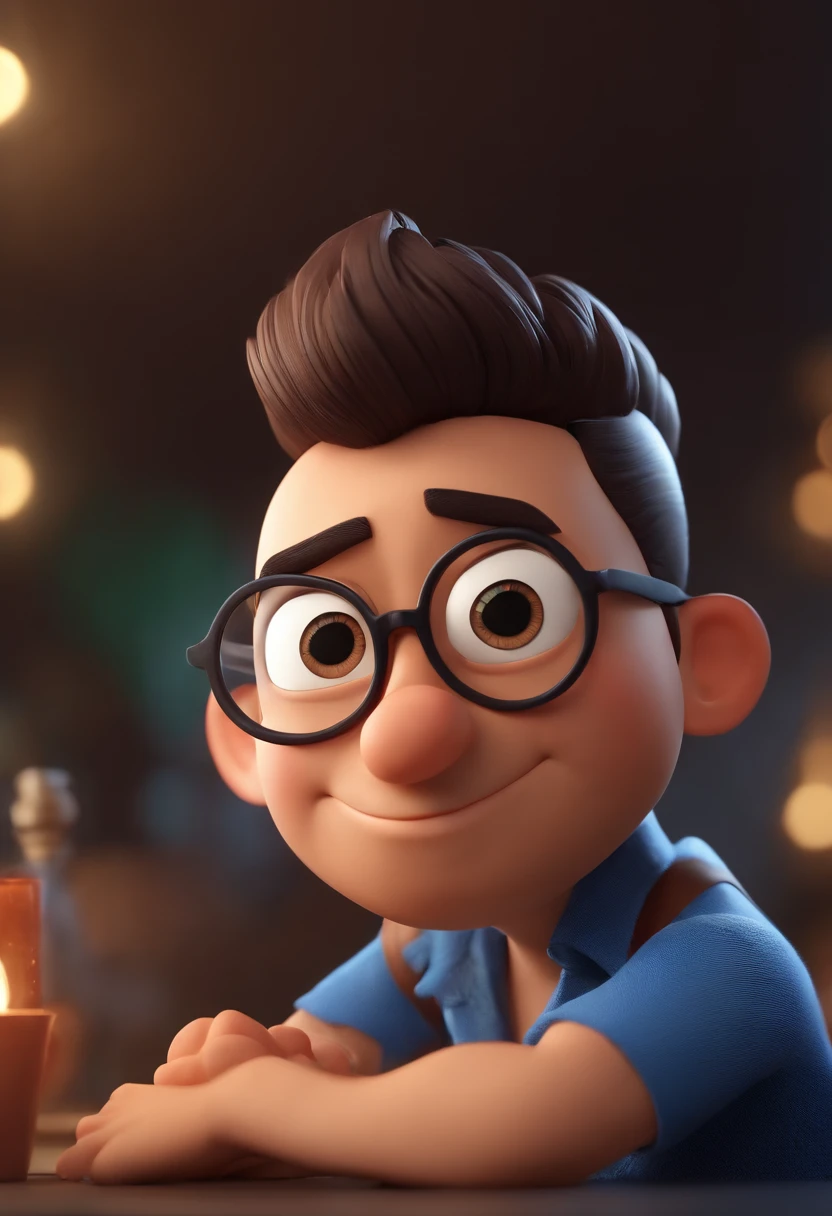 Cartoon character of a man wearing black glasses and a blue shirt, um personagem animado, Caractere estilizado, animation style rendering, 3D estilizado, Arnold Maya render, 3 d render stylized, toon render keyshot, Personagem 3D, Personagem 3D, 3d rendering stylized, 3 d character render, personagem de desenho animado, Personagem de close up, Pose de personagem, (Estilo Pixar) (master part:1.2) (Bokeh) (best quality) (pele detalhada) (textura detalhada) (8k) (argila) (Cinematic lighting) (foco nítido,Senta e vaza a parte superior do corpo