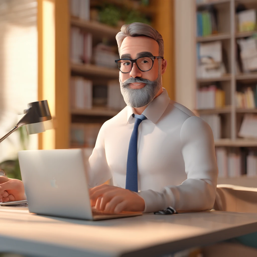 Man with glasses and white beard, em um macbook, estilo pixar, Thierry Doizon, Andreas M Wiese, Vincent Maréchal, Frederico Daoust, Thierry Rouzier, Marcos Verhaagen, foto de perfil headshot, Fotografia selfie 8k, imagem do avatar, with glasses and goatee, man with glasses, taken in the early 2020s