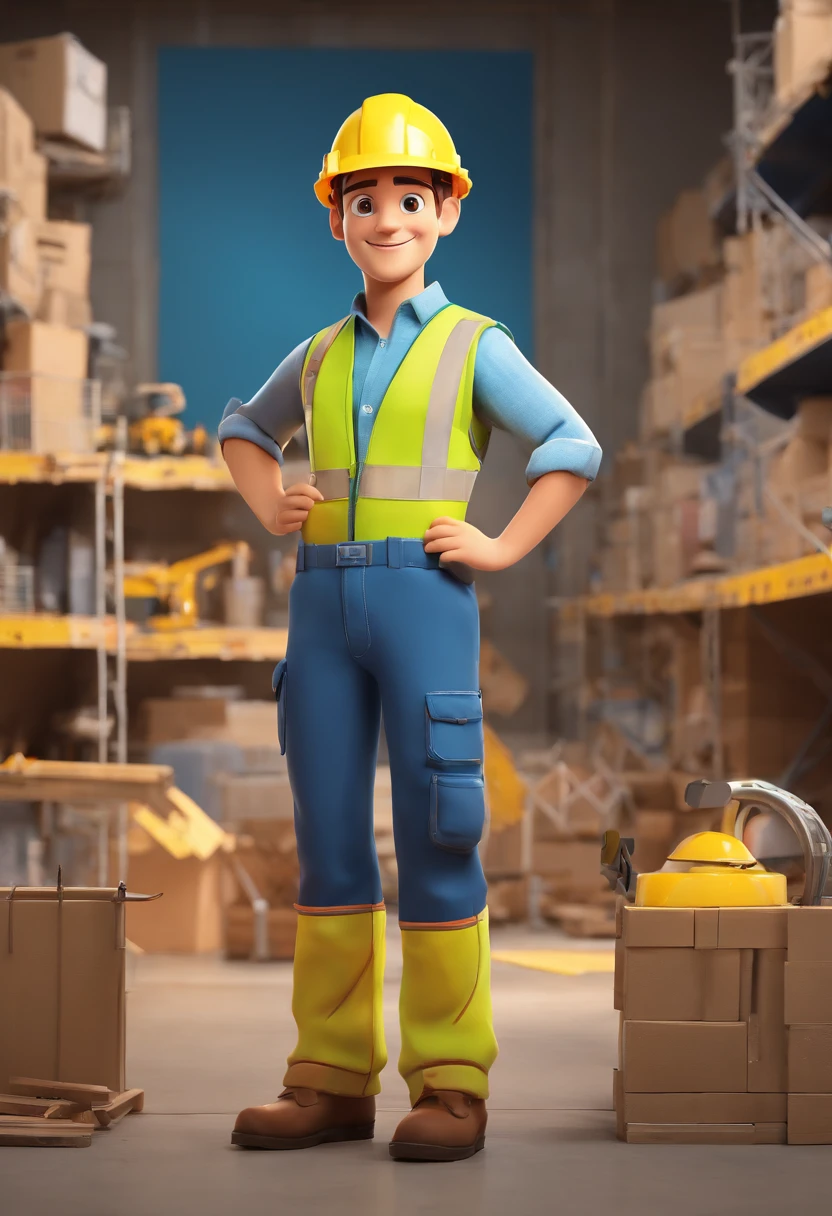 Homem, branco, de barba e cabelo preto, olhos verdes, Dressed as a construction worker looking forward, Equipado com um capacete e cinto de ferramentas, Involved in construction activities, Conveying a sense of camaraderie, Lovable and approachable character, Authentic and recognizable construction costume, Safe and responsible display of protective equipment, Trabalho ocupado e produtivo no canteiro de obras, Cooperative interactions with other workers, Ambiente acolhedor e convidativo, Foto frontal para engajar os espectadores , Desenvolva esta arte em Full HD, Focus on your cinematic touch, Estilo Disney Pixar Animations.