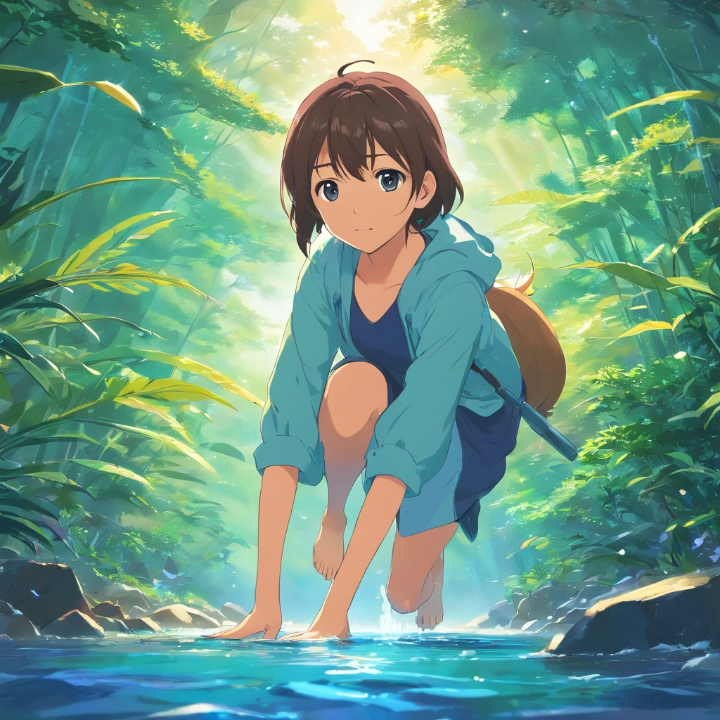 Poster for a film with the title "NHAMUNDA". In the image, natural aspects should appear, such as rivers, vegetation, some fish and a dolphin jumping out of the water. From afar, an indigenous girl appears. The scene takes place during a full moon, making the river like a mirror that reflects the water. Digital art