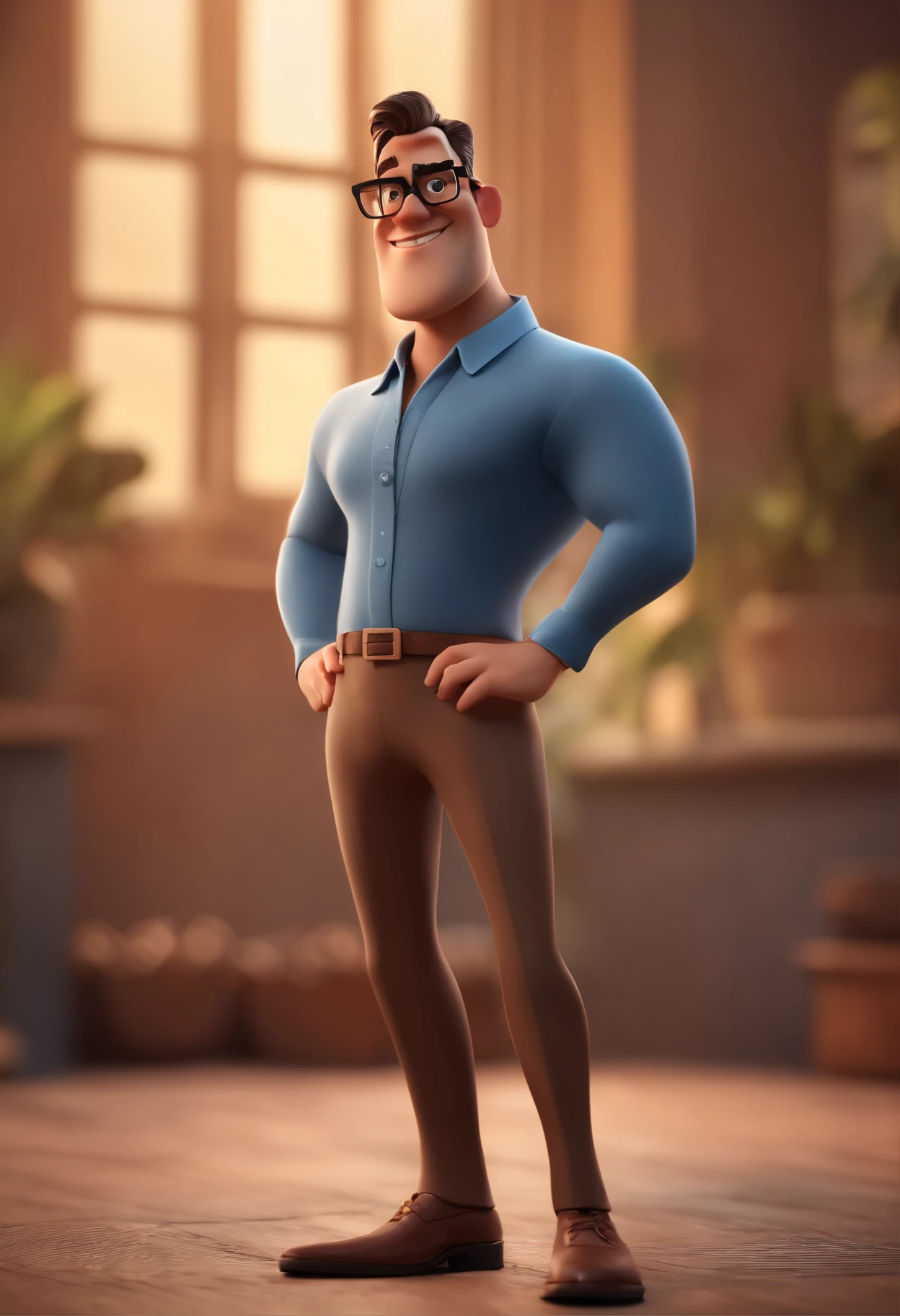Cartoon character of a man with black glasses and a blue shirt, animation character, Caractere estilizado, animation style rendering, 3D estilizado, Arnold Maya render, 3 d render stylized, toon render keyshot, Personagem 3D, Personagem 3D, 3d rendering stylized, 3 d character render, personagem de desenho animado, Personagem de close up, Pose de personagem,  (Estilo Pixar) (master part:1.2) (Bokeh) (best quality) (pele detalhada) (textura detalhada) (8k) (argila) (Cinematic lighting) (foco nítido