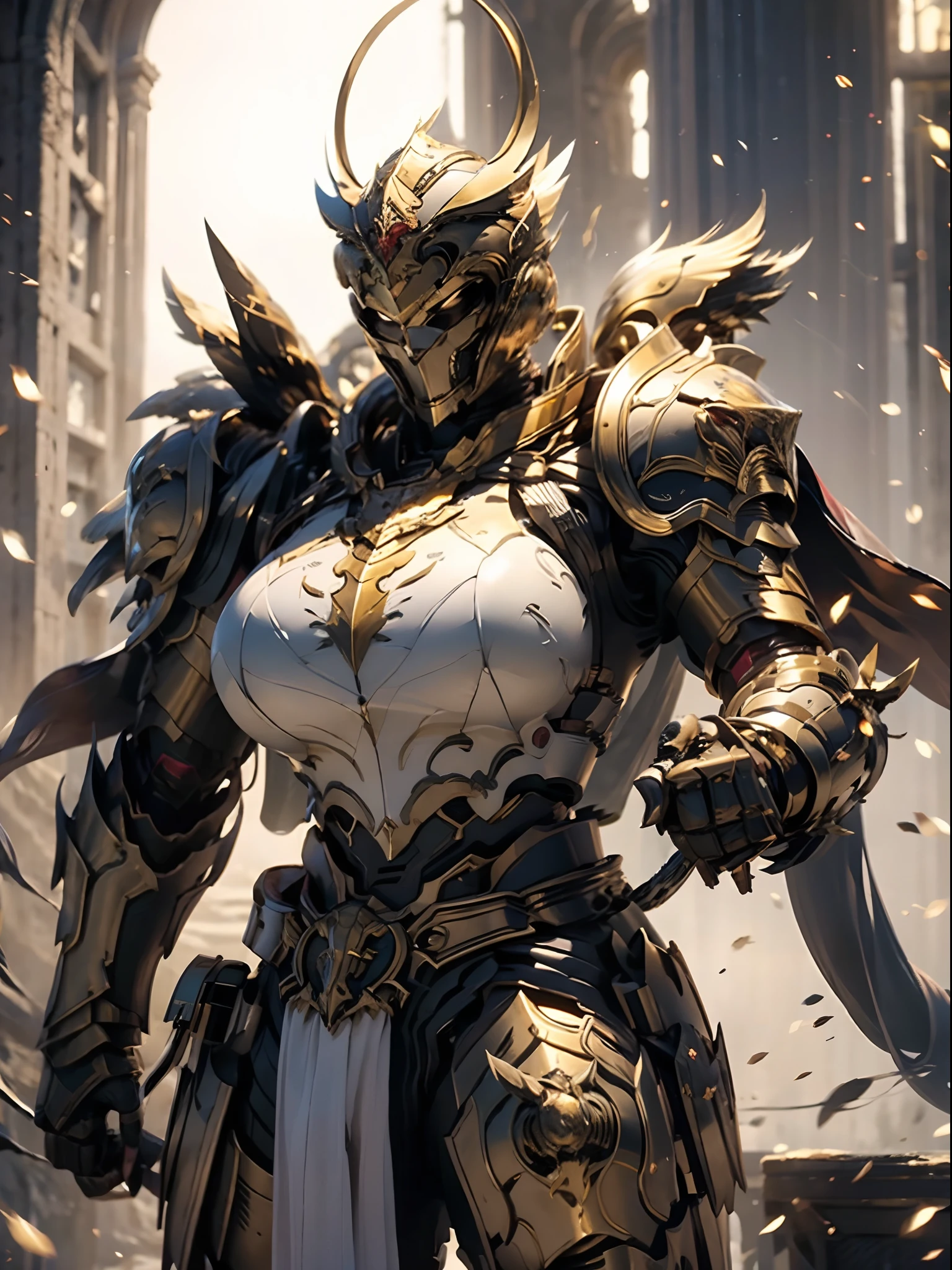 a beautiful golden-greek-armored warrioress, spartan helmet, muscular, huge and heavy breasts, looking at viewer, masterpiece, best quality, 8k, blurred background, medieval fantasy castle in the background