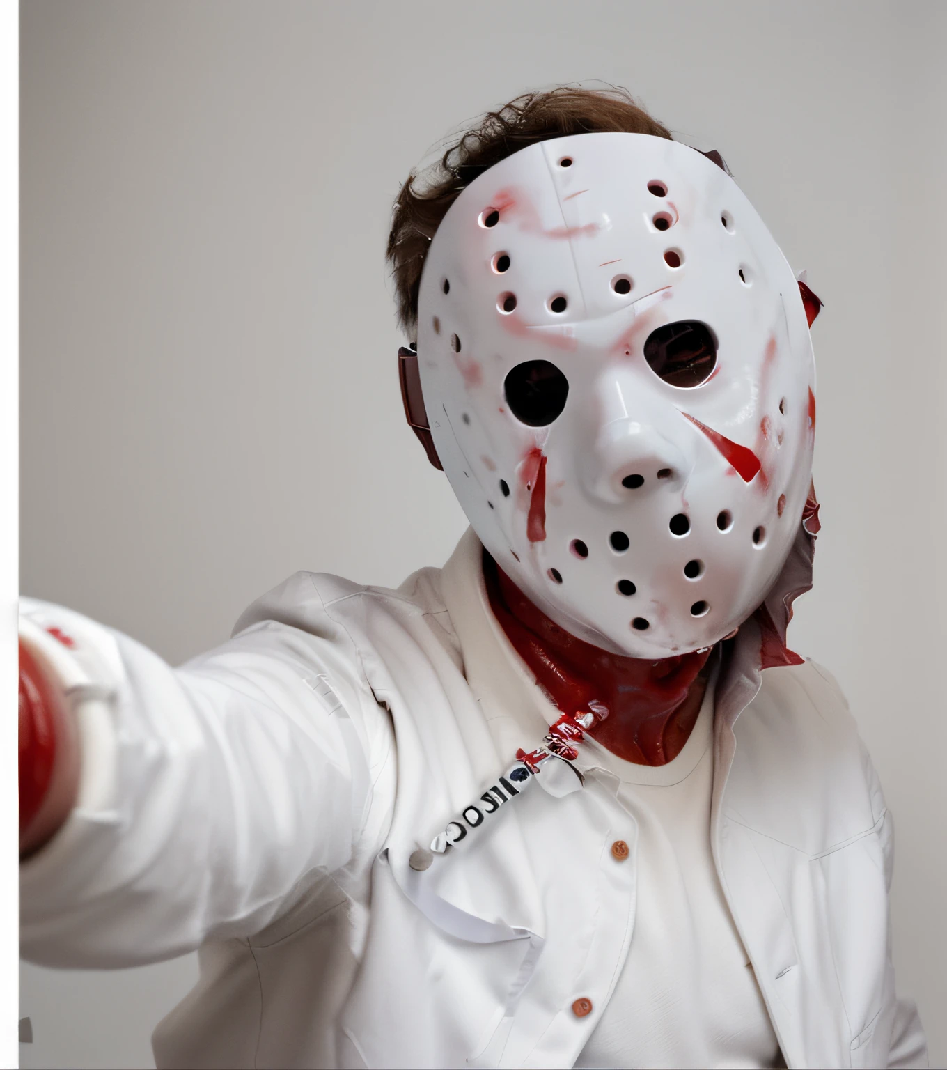 man wearing a jason mask, with a medical white coat with some red liquid spilled, neutral background, selfie angle, holding the camera,