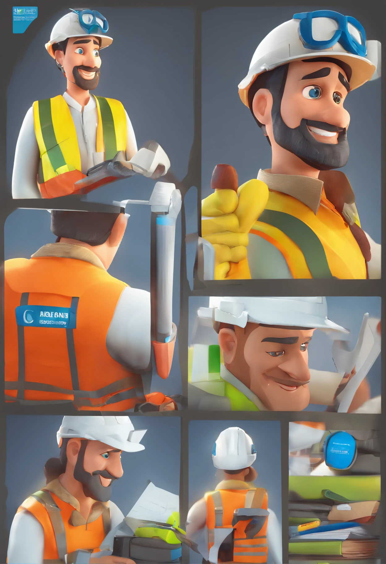 Homem, branco, de barba e cabelo preto, olhos verdes, Dressed as a construction worker looking forward, Equipado com um capacete e cinto de ferramentas, Involved in construction activities, Conveying a sense of camaraderie, Lovable and approachable character, Authentic and recognizable construction costume, Safe and responsible display of protective equipment, Trabalho ocupado e produtivo no canteiro de obras, Cooperative interactions with other workers, Ambiente acolhedor e convidativo, Foto frontal para engajar os espectadores , Desenvolva esta arte em Full HD, Focus on your cinematic touch, Estilo Disney Pixar Animations.