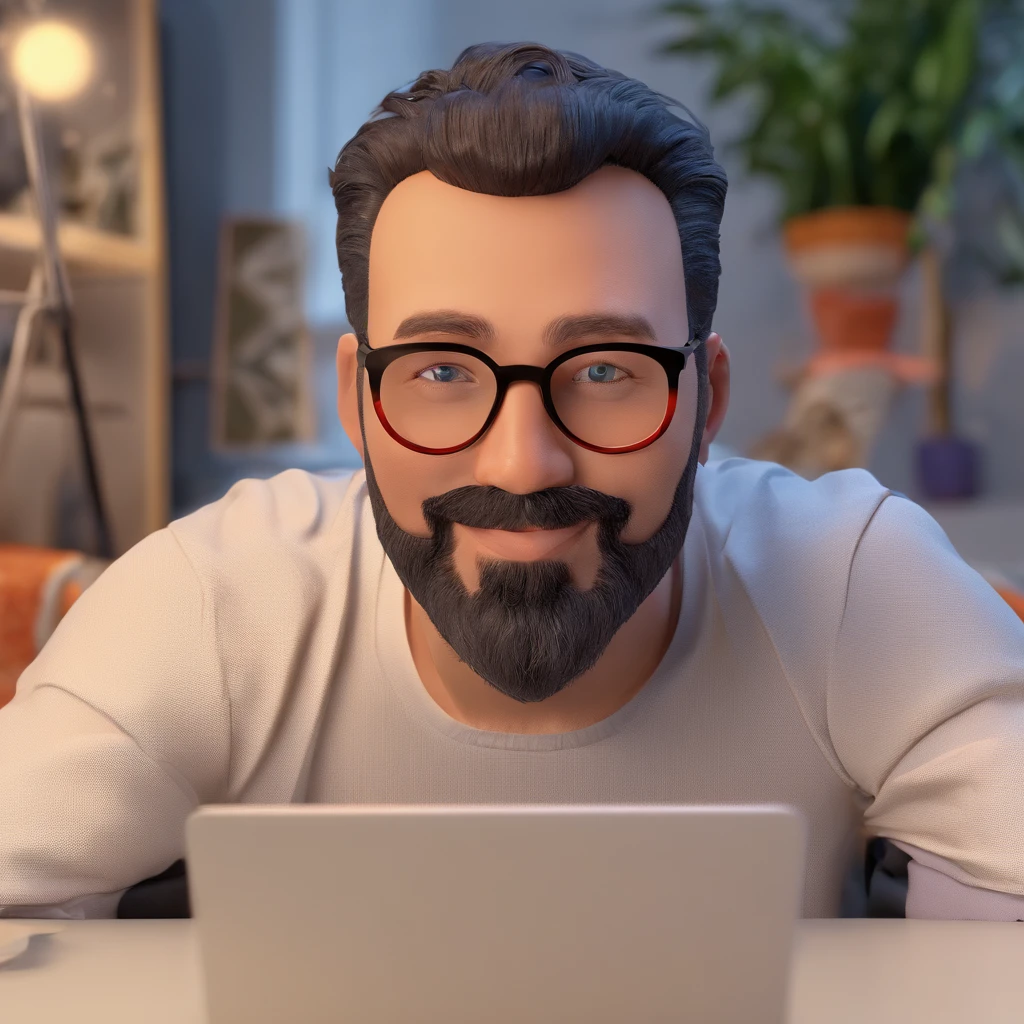 Man with blue glasses, tshirt preta  e barba branca, em um macbook, estilo pixar, Thierry Doizon, Andreas M Wiese, Vincent Maréchal, Frederico Daoust, Thierry Rouzier, Marcos Verhaagen, foto de perfil headshot, Fotografia selfie 8k, imagem do avatar, with glasses and goatee, man with glasses, taken in the early 2020s