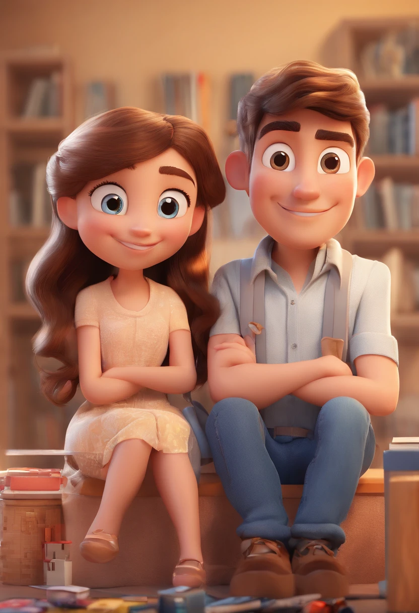 An illustration of an adorable couple, Destaque para um homem loiro, Slender, blue-eyed, smiling and a brunette woman with beautiful expressive eyes - the man's skin is light and so is the man's hair, as for the woman's skin is light brown and the woman's hair is straight, long and brown. They are a bright room, cada um com um sorriso no rosto, e compartilhar um momento especial caracterizado pelo amor, Insights. Illustrate this scene from a perspective where they are facing the camera, Smiling and Showing Your Connection. Desenvolva esta arte em Full HD, Focus on your cinematic touch, Estilo Disney Pixar Animations