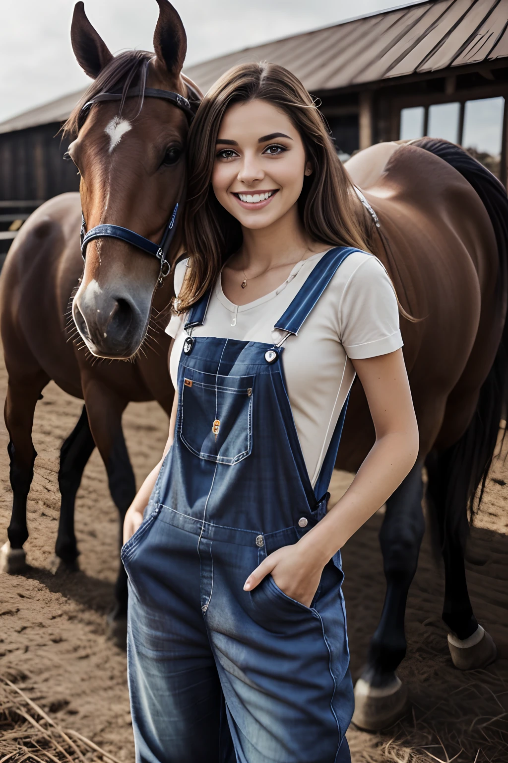 Gorgeous brunette , 23 ans, Farm visit, light smile, flirting with camera, sexy pose, UHD, cinematic light, dressed, (Trendy brown overalls:1.3), (check shirt:1.3), horses blurred background, SFW