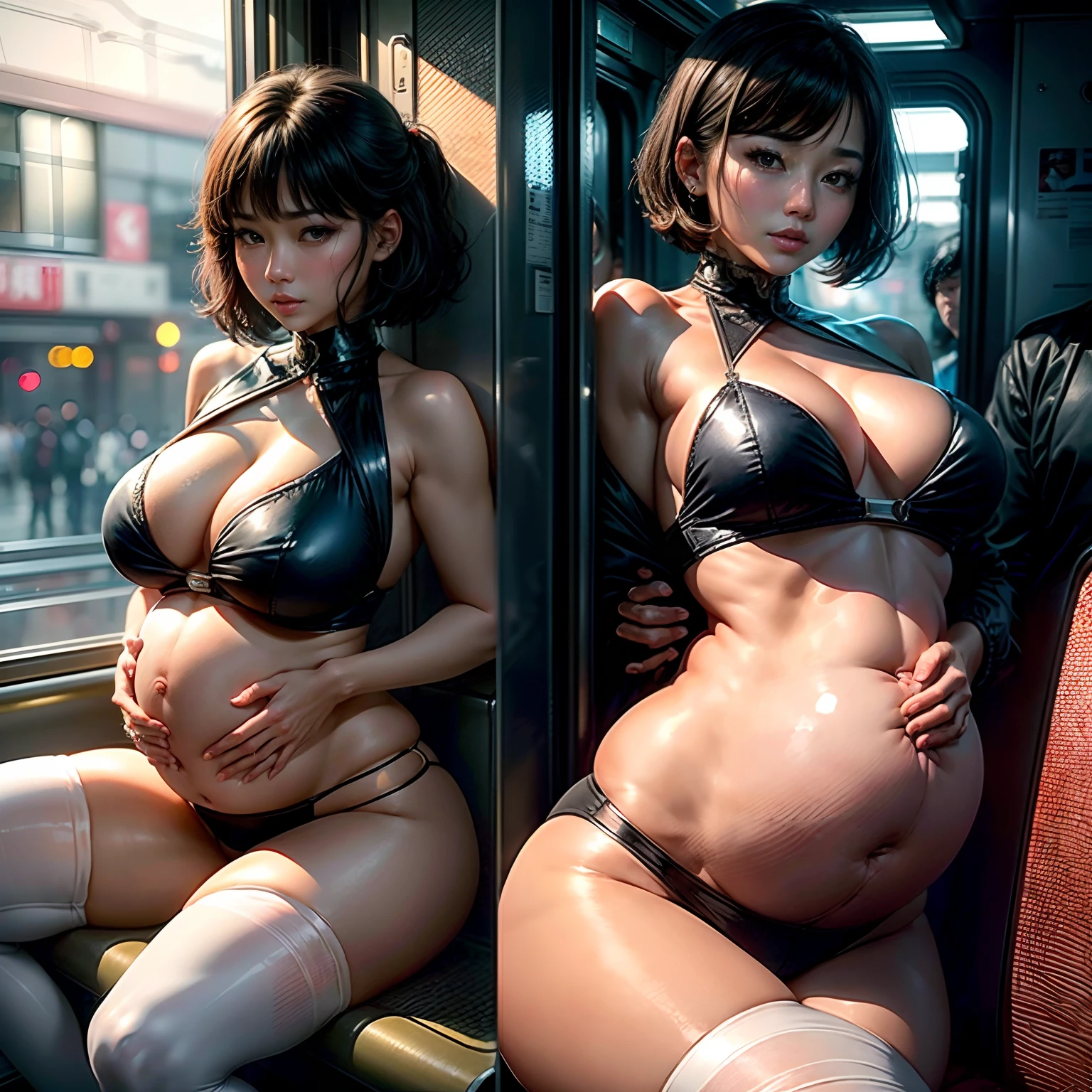 hallyu,police officers,Real,Tiny micro bikini,intaglio,Beauty,cleavage,Portrait of a 30-year-old pregnant woman in South Korea: 1.5、white liquid all over body、Spread your legs apart、Long-range shots: 1.0，((Dim lighting at night：1.5、Squat on the train at night、There are crowds、Don't look at the lens: 1.5、(Wear jewelry: 1.0、revealing the lower abdomen)、white stockings、Black boots、gigantic cleavage breasts: 1.2、Fleshy buttocks、Wide crotch、Sexy proportions))、semi-open strawberry lip、Redness of cheeks: 1.2，Lips are tightly closed、A look of fear on his face、(Watching from behind、back to look back)、(with short black hair: 1.5)、((A detailed face))、(fine detailed skin)、(Photos realistic)(top-quality), 8K, Ultra HD, high high quality, Grain Film