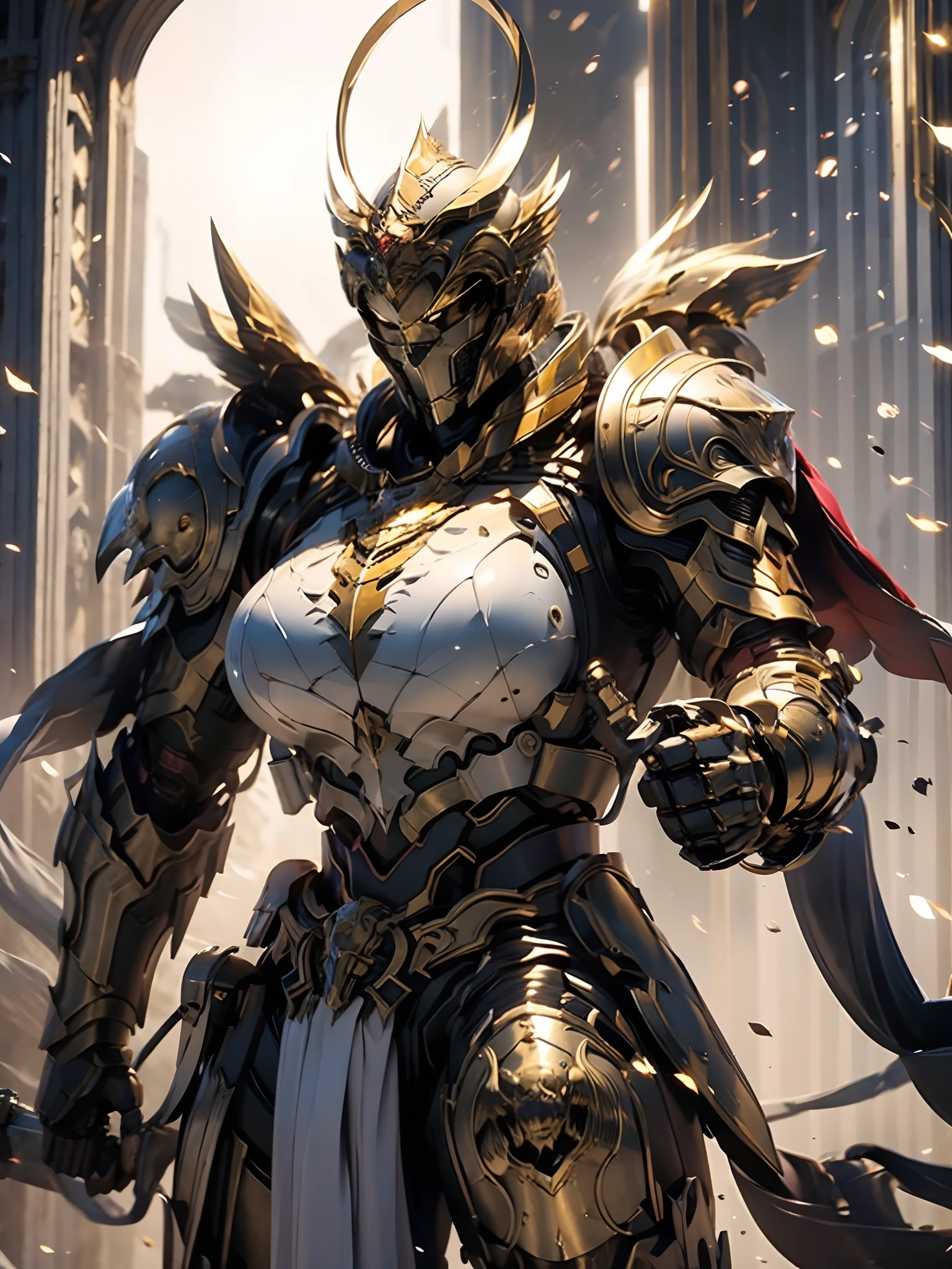 a beautiful golden-greek-armored warrioress, spartan helmet, muscular, huge and heavy breasts, looking at viewer, masterpiece, best quality, 8k, blurred background, medieval fantasy castle in the background