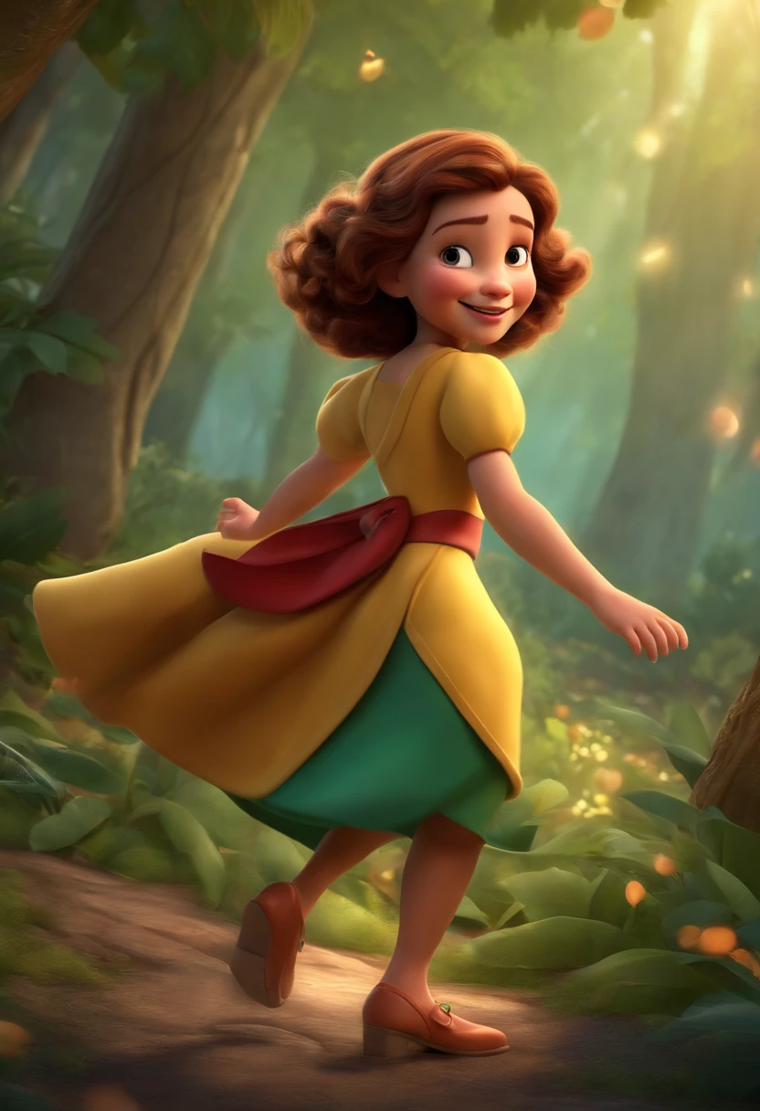 "(best quality,ultra-detalhado,Realistic:1.37),3D rendering,illustration, menina aventureira, com mochila nas costas, design de personagens,cabelos curto e crespo escuros, belos olhos pequenos detalhados,Estilo Pixar,morena menina, Dancing in the Disney Forest,atmosfera animada,vivid colors,luzes de palco,expression joyful,