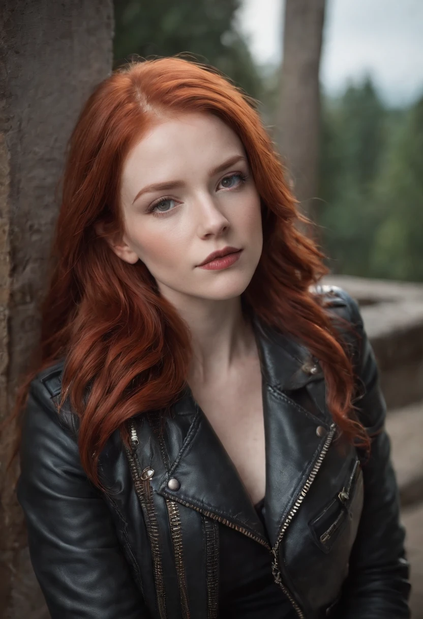 a woman with red hair wearing a leather jacket, shallan davar, fiery red hair, redhead female cyberpunk, redhead woman, orange hair, redhead girl, anna nikonova aka newmilky, copper hair, bright orange hair, beautiful redhead woman, woman with red hair, red haired young woman, sofya emelenko, maiden with copper hair