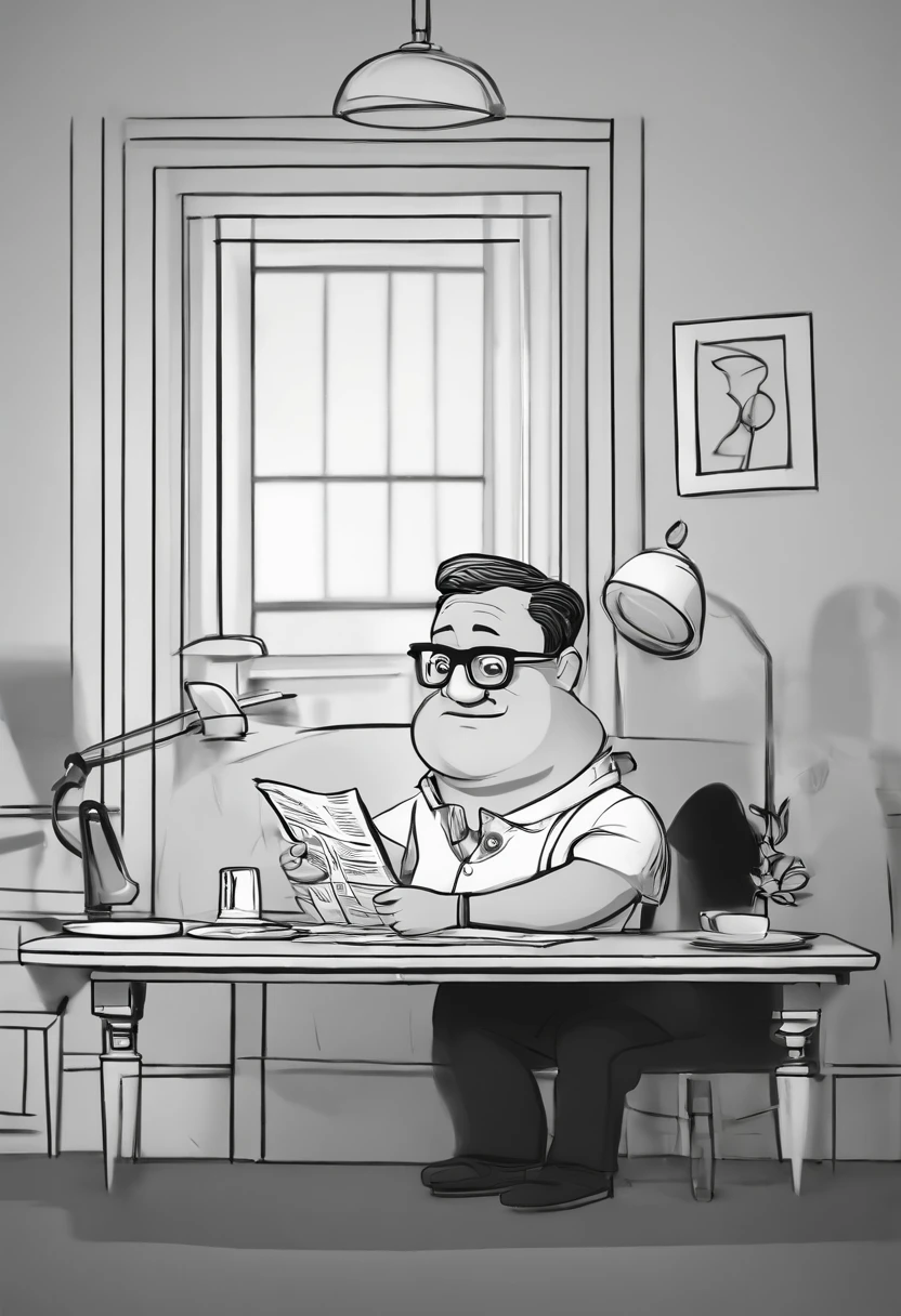 Cartoon character of a man with black glasses and a black t-shirt, sentado numa mesa preta com parede de fundo preta sem objetos, com um globo terrestre em cima da mesa, homem nariz tipo judeu, ruivo e barba ruiva, With black watch and black cap with newspaper on top of table Animation character, Caractere estilizado, animation style rendering, 3D estilizado, Arnold Maya render, 3 d render stylized, toon render keyshot, Personagem 3D, Personagem 3D, 3d rendering stylized, 3 d character render, personagem de desenho animado, Personagem de close up, Pose de personagem,  (Estilo Pixar) (master part:1.2) (Bokeh) (best quality) (pele detalhada) (textura detalhada) (8k) (argila) (Cinematic lighting) (foco nítido