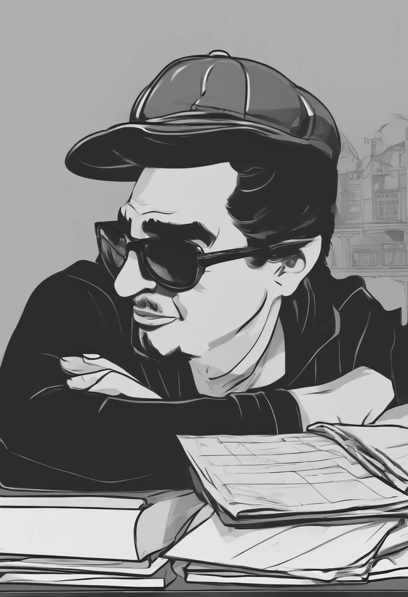 Cartoon character of a man with black glasses and a black t-shirt, sentado numa mesa preta com parede de fundo preta sem objetos, com um globo terrestre em cima da mesa, homem nariz tipo judeu, ruivo e barba ruiva, With black watch and black cap with newspaper on top of table Animation character, Caractere estilizado, animation style rendering, 3D estilizado, Arnold Maya render, 3 d render stylized, toon render keyshot, Personagem 3D, Personagem 3D, 3d rendering stylized, 3 d character render, personagem de desenho animado, Personagem de close up, Pose de personagem, (Estilo Pixar) (master part:1.2) (Bokeh) (best quality) (pele detalhada) (textura detalhada) (8k) (argila) (Cinematic lighting) (foco nítido
