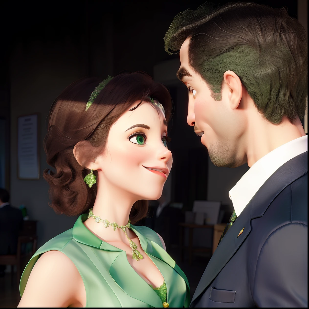 Obra-prima, de melhor qualidade, A green dressed woman dancing with man in suit.