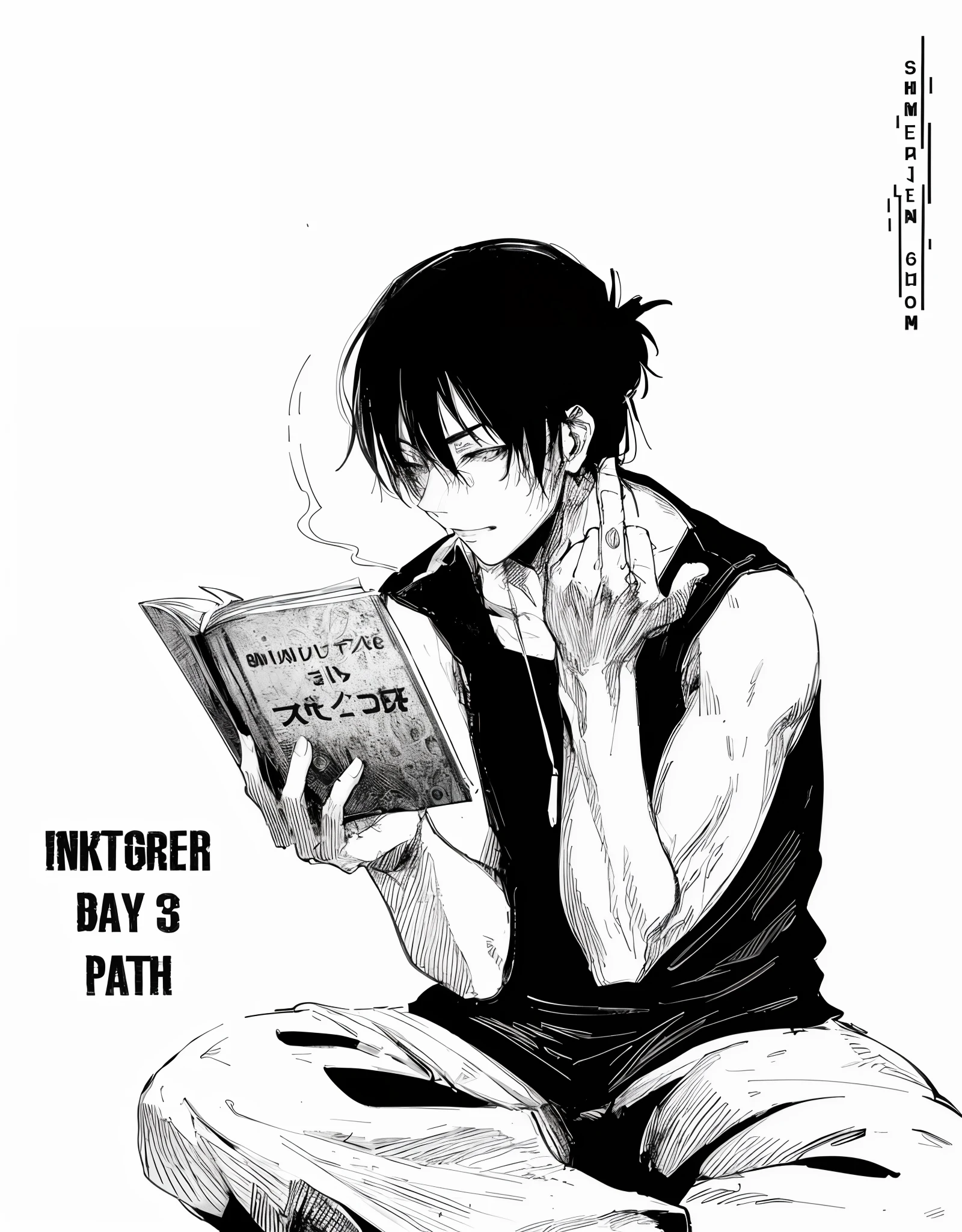 Boichi's manga style, 1Man Monochrome Grayscale, 独奏, sitting, Long hair, upper-body, ((Masterpiece))