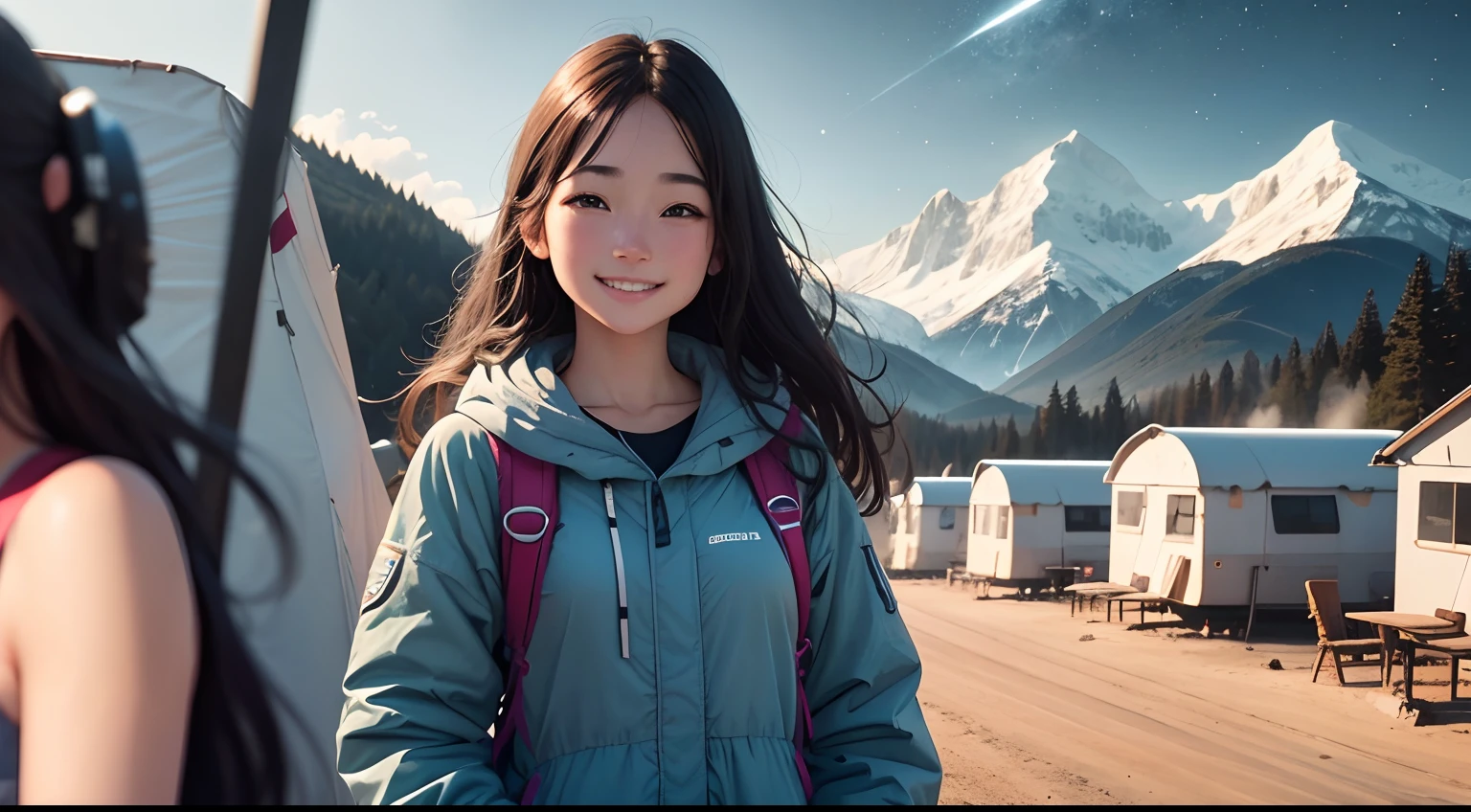 High-definition photos、The whole body is shown.、Faraway view、Young woman coming to camp on a starry day、Look at me with a smile。Outdoor style、rcasual、kindly smile、kawaii。